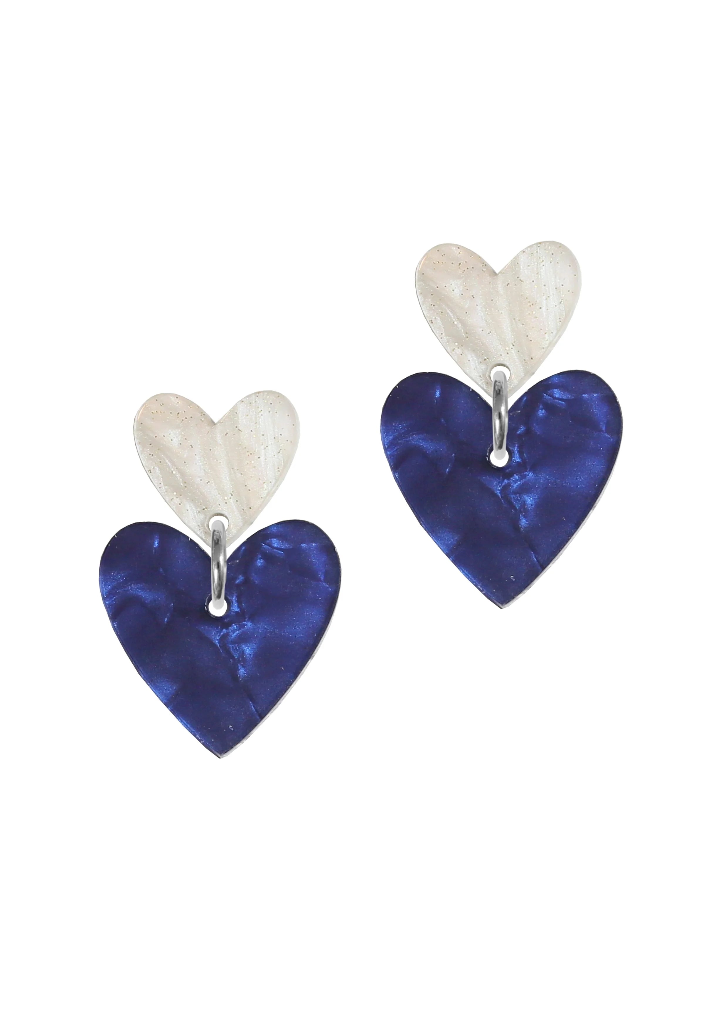 Double Heart Drop Studs - Pearl & Blue