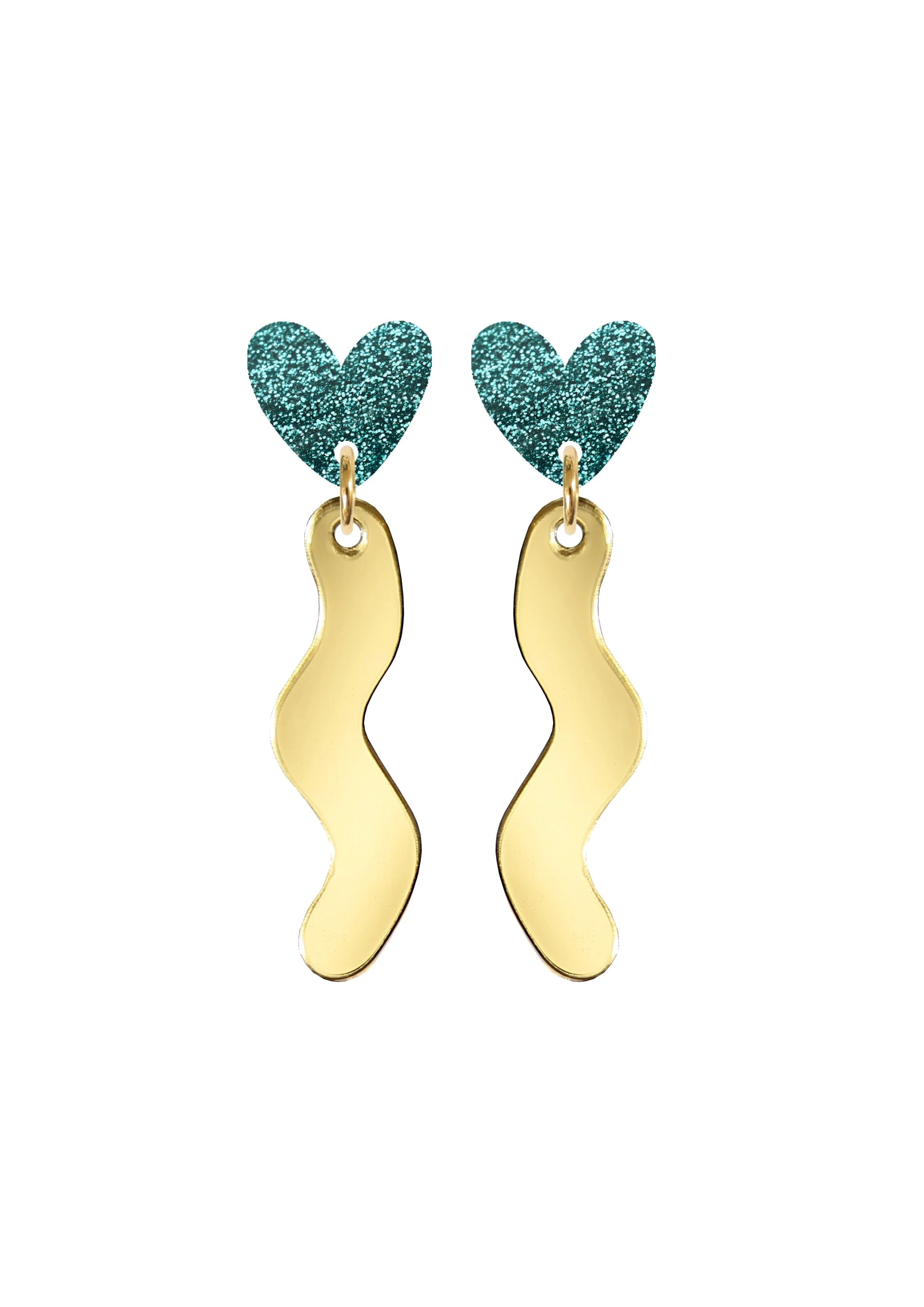 Squiggle Heart Drop Studs Jade and Gold