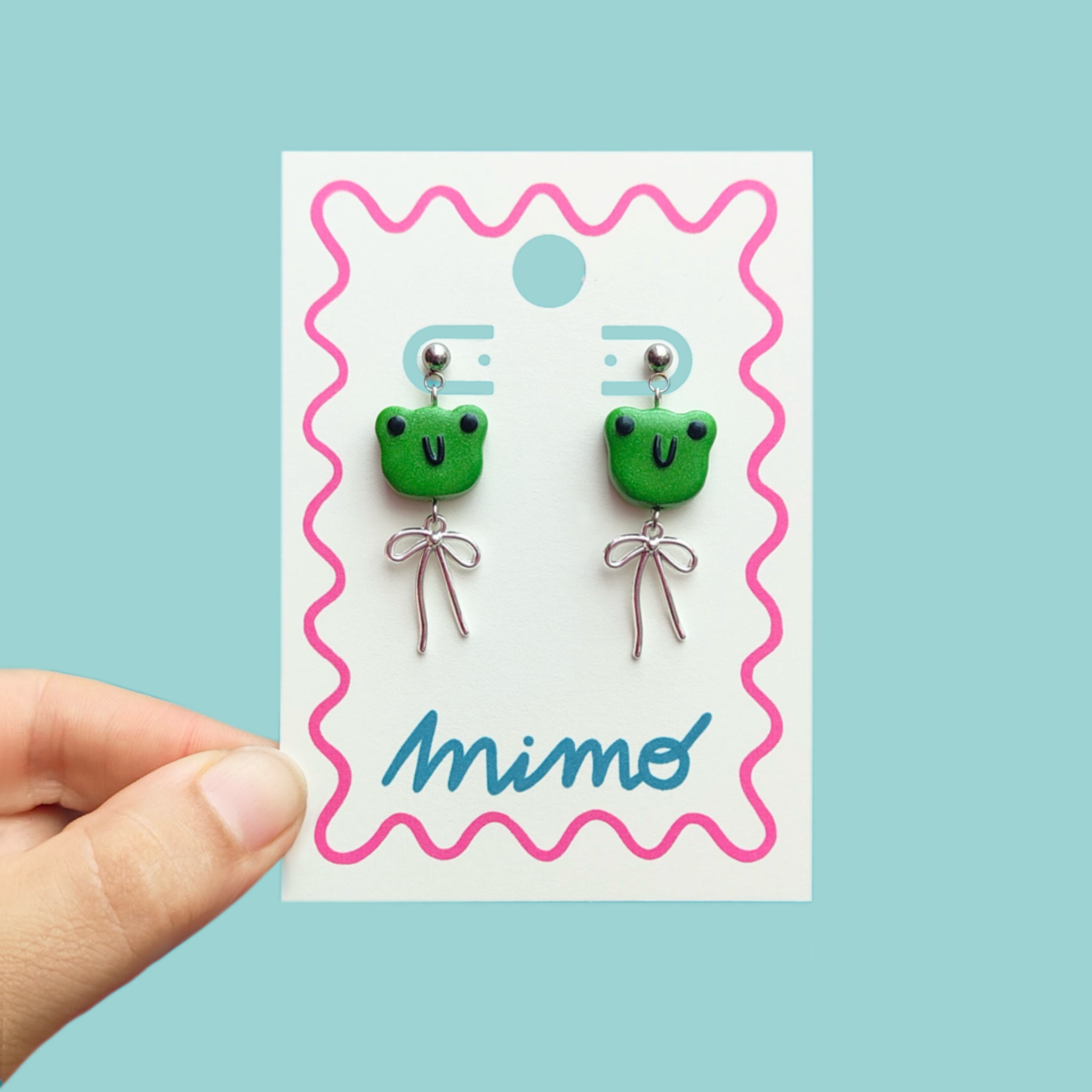 Handmade Mini Frog Bead & Bow Earrings in Steel - Studs
