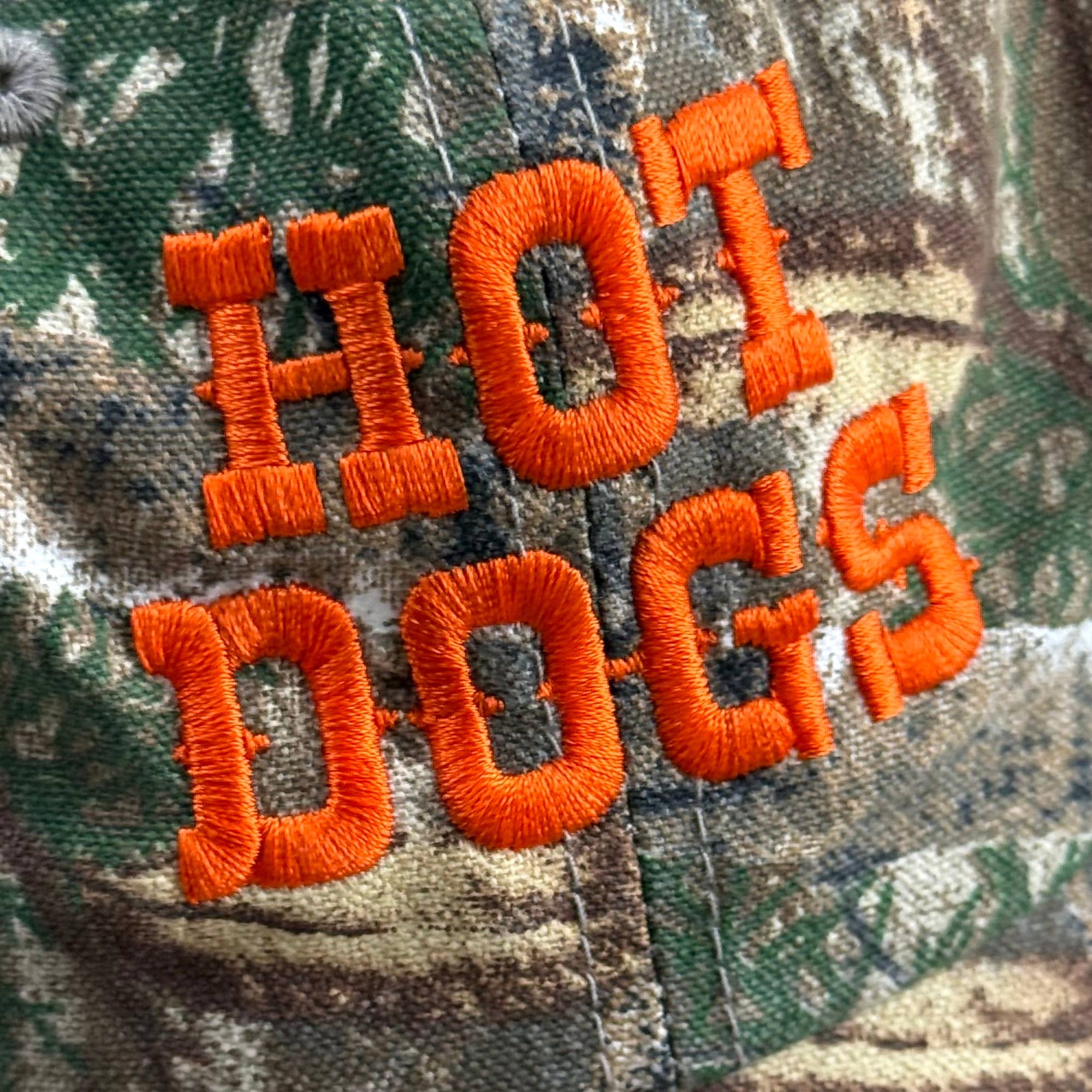 Hot Dogs camo baseball cap, front view