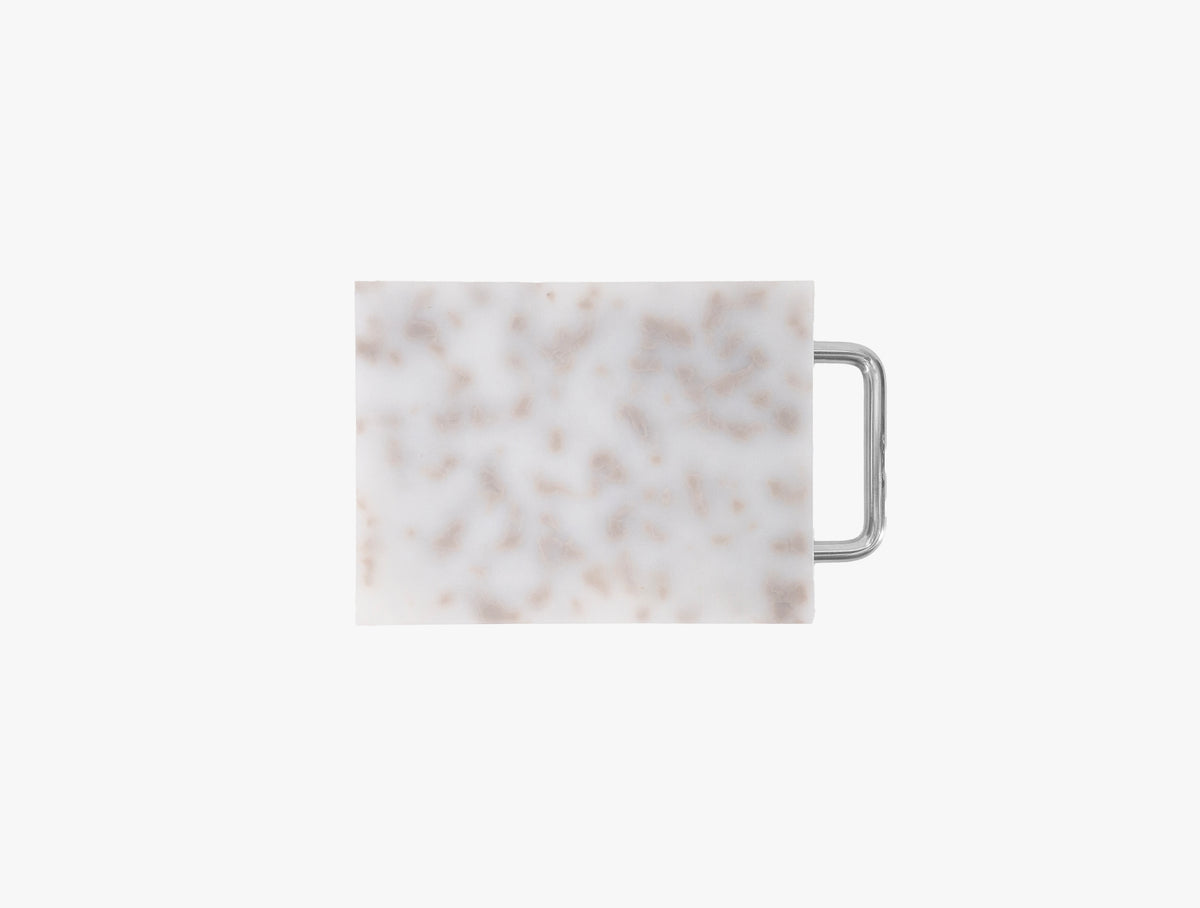 Small grey and white chopping board with metal handle