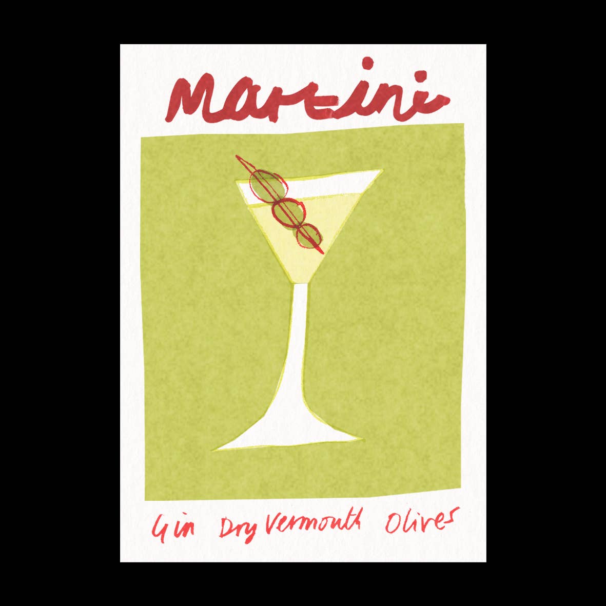 Martini Risograph Print | Cocktail| Colourful: A3