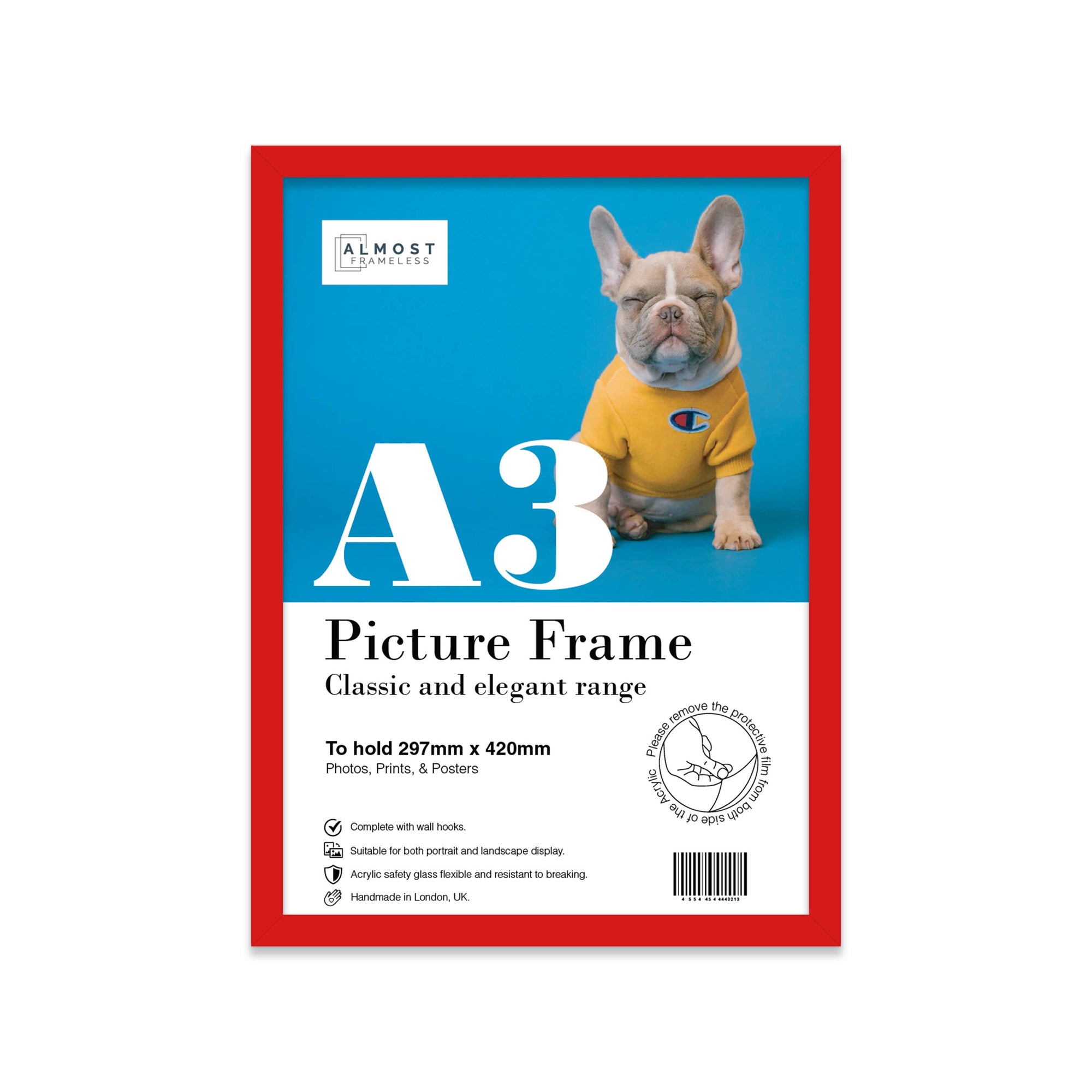 Red A3 picture frame on wall — bold colourful red frame for art prints