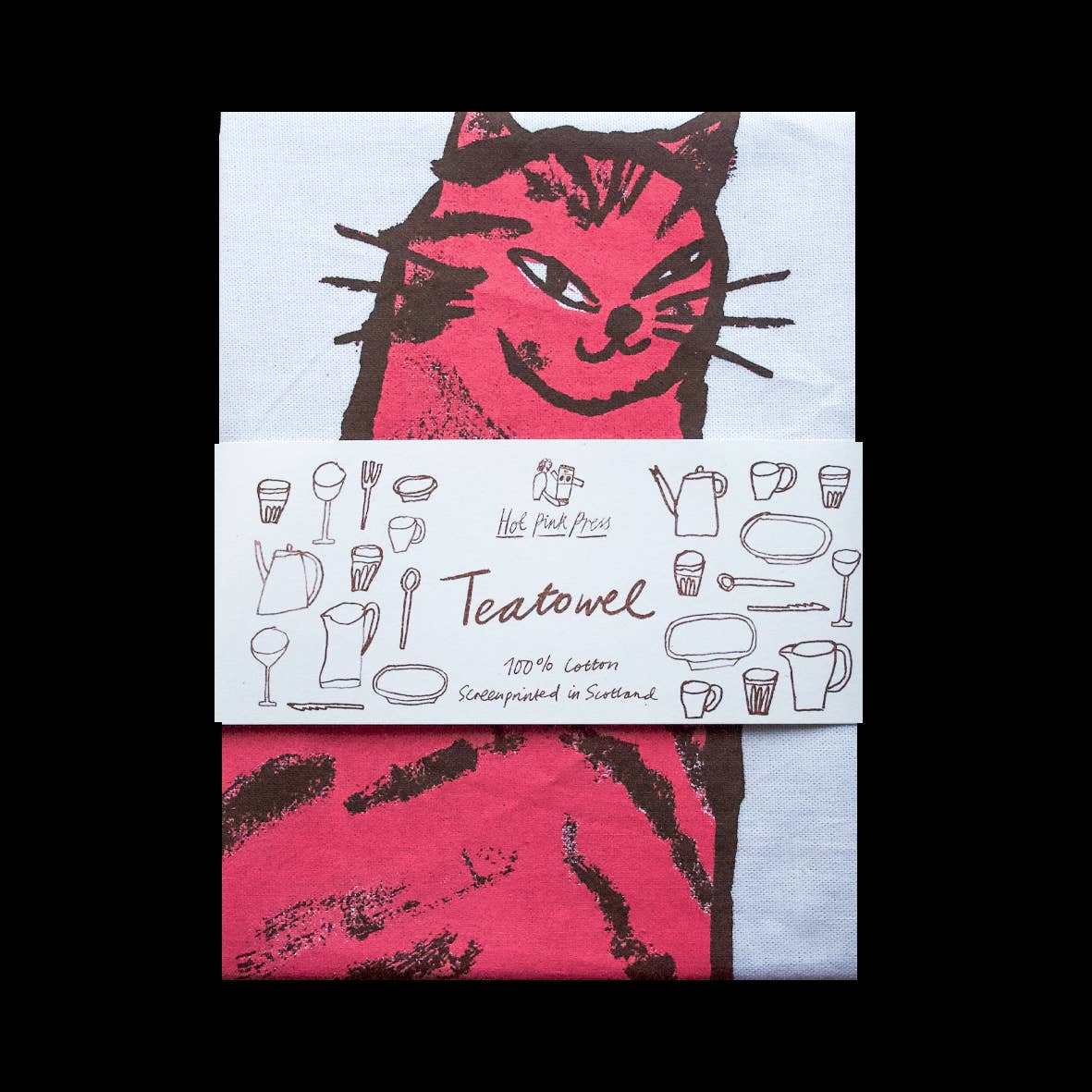 Sneaky Cat Pink Screenprinted Teatowel