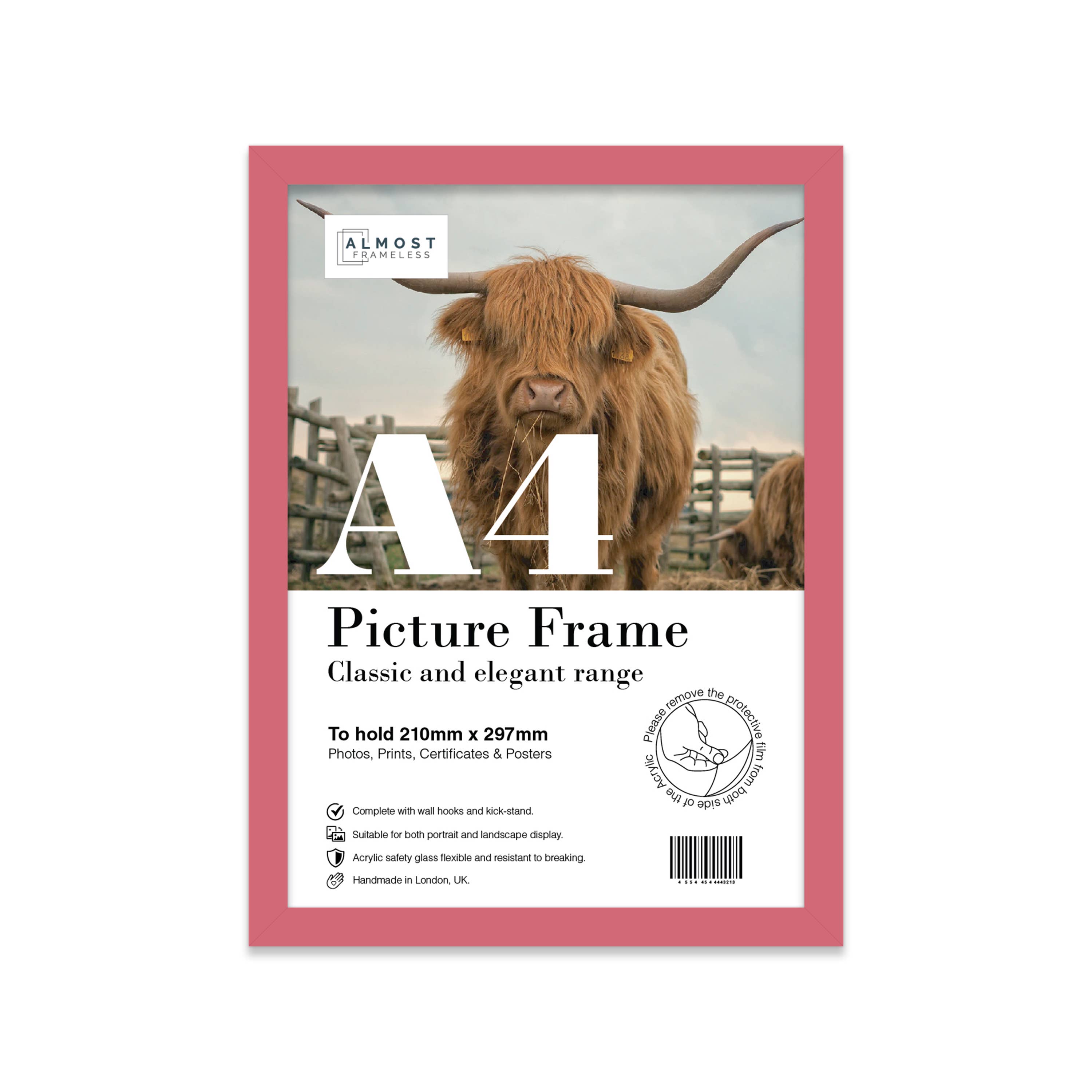 Pink A4 picture frame on shelf with print — colourful photo frame UK