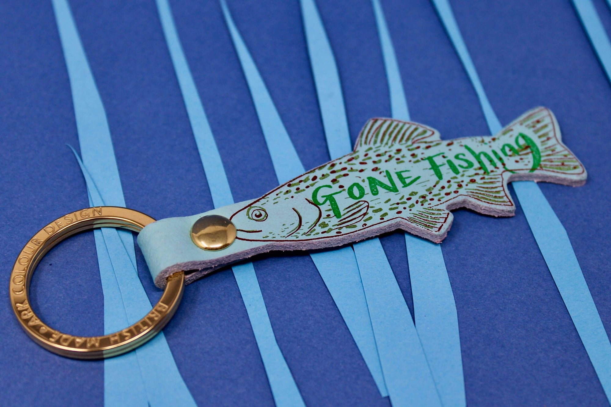 Gone Fishing Leather Key Fob: Pale Blue