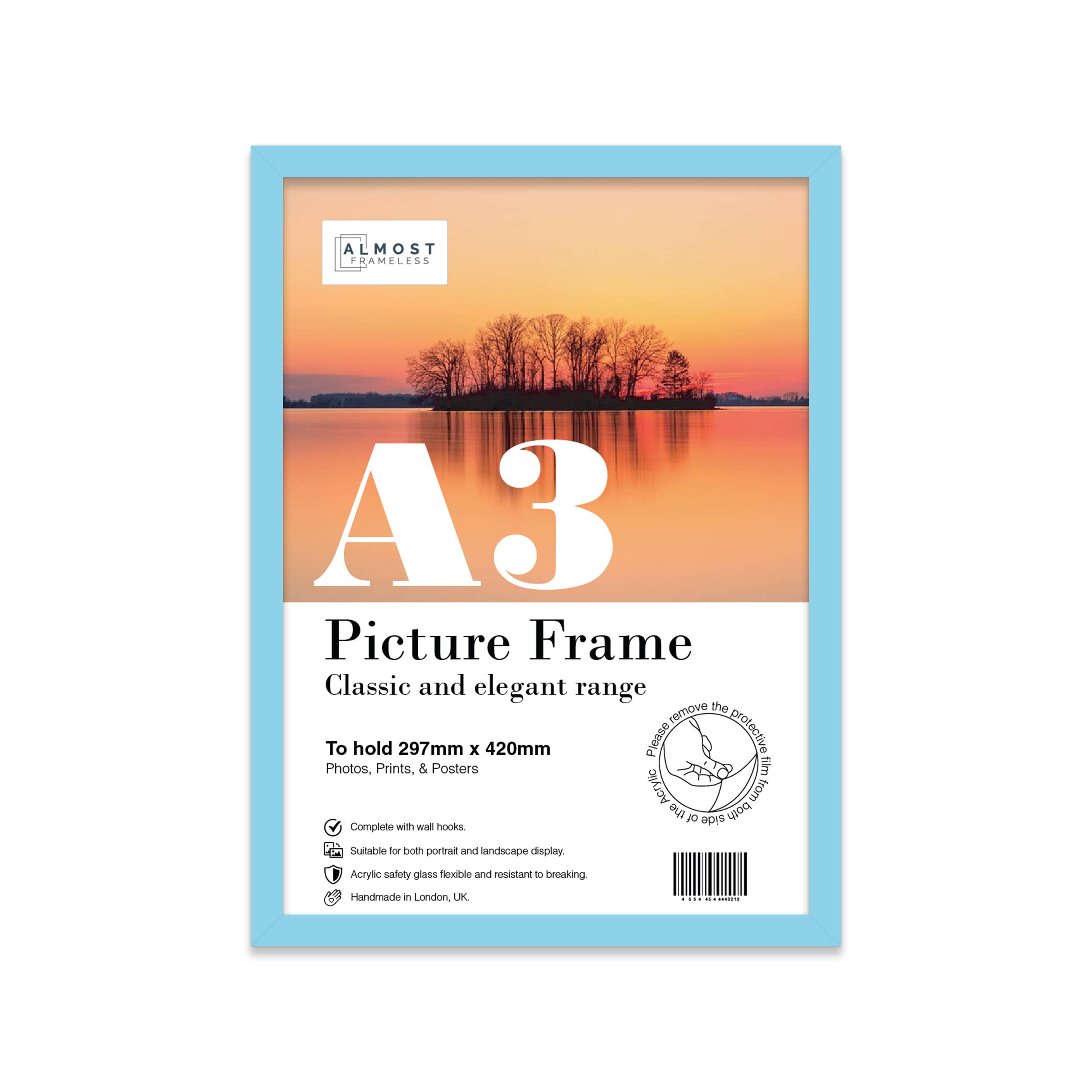 Light blue A3 picture frame on wall — large colourful blue frame for artwork