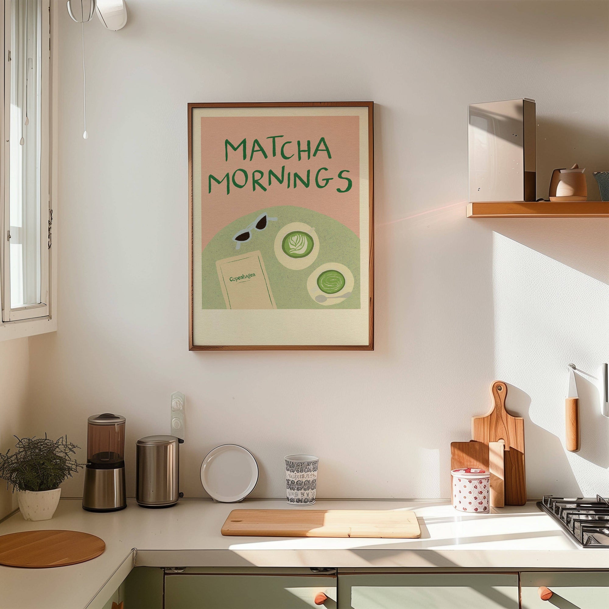 Matcha Mornings Copenhagen print A5 lifestyle shot