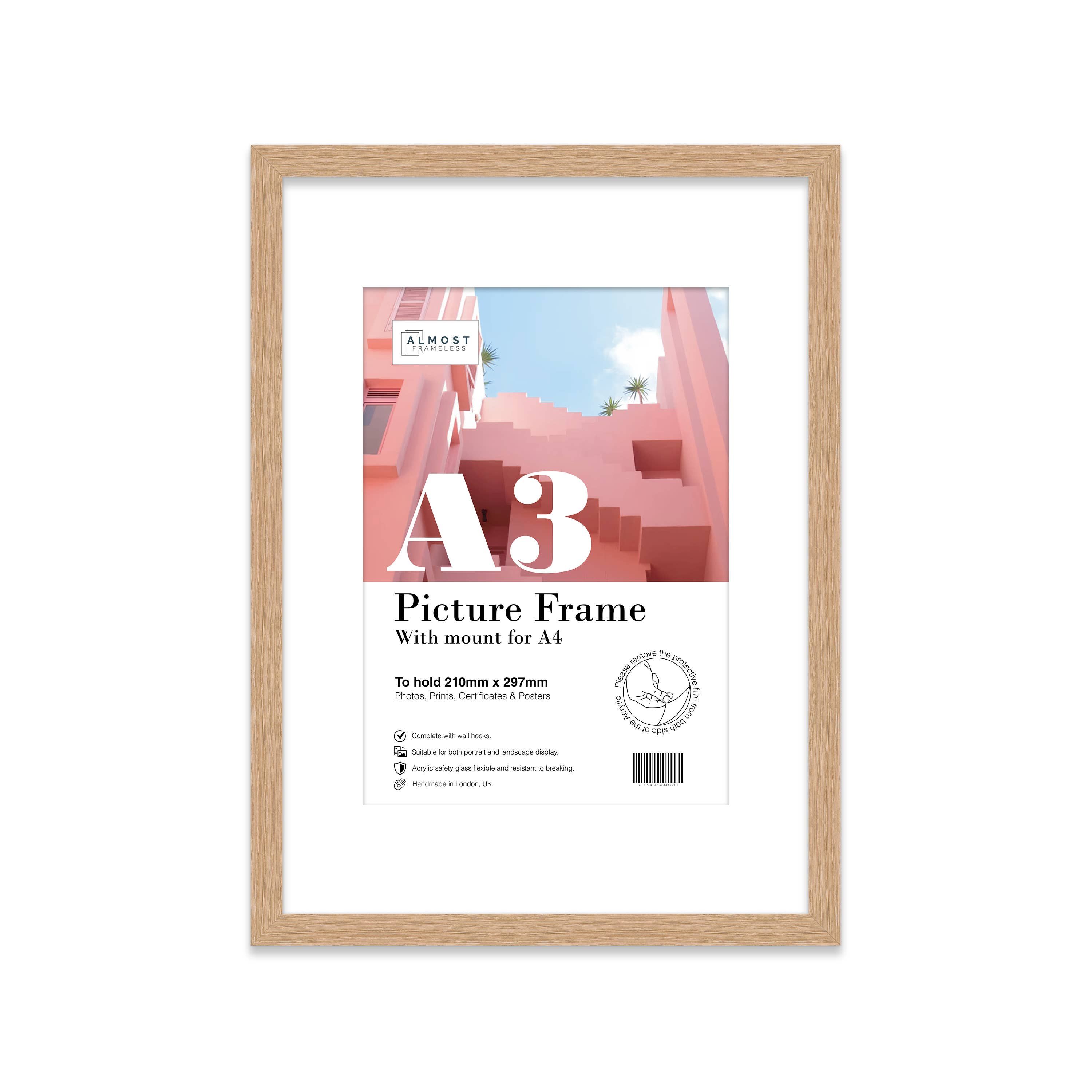 Oak A3 picture frame with white mount for A4 print — natural wood effect gallery frame UK