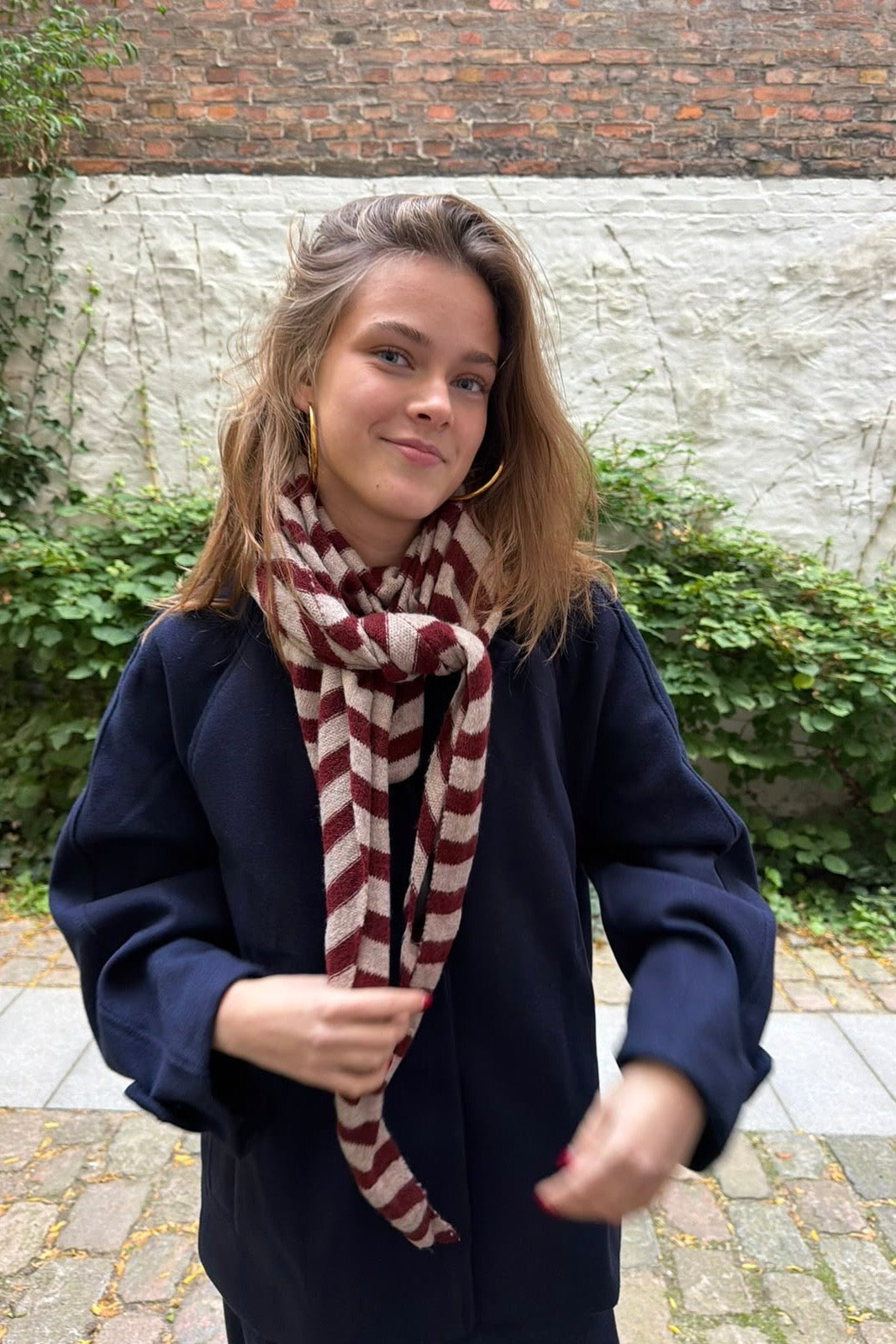 Bordeaux and taupe Nordic Stripe scarf close up