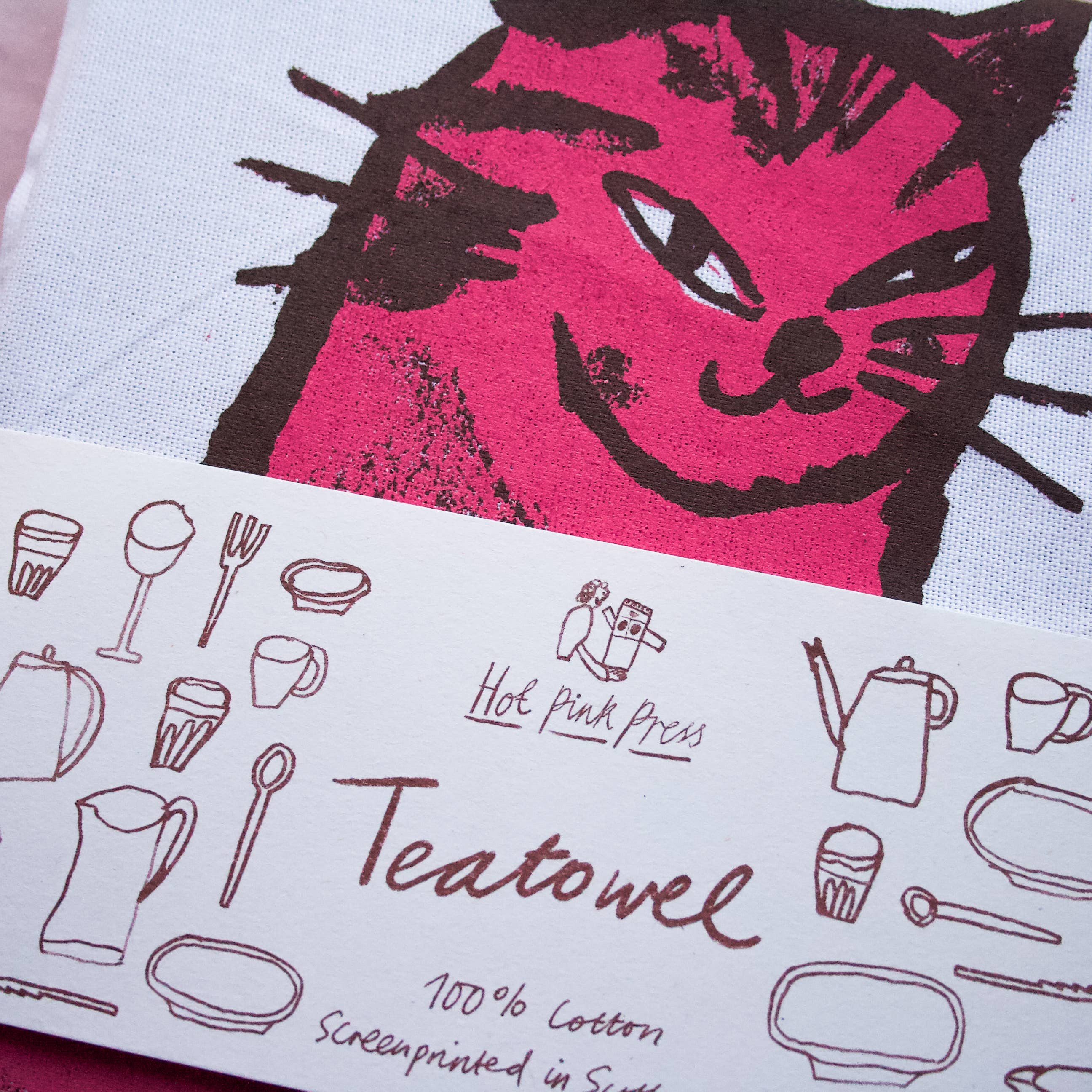 Sneaky Cat Pink Screenprinted Teatowel