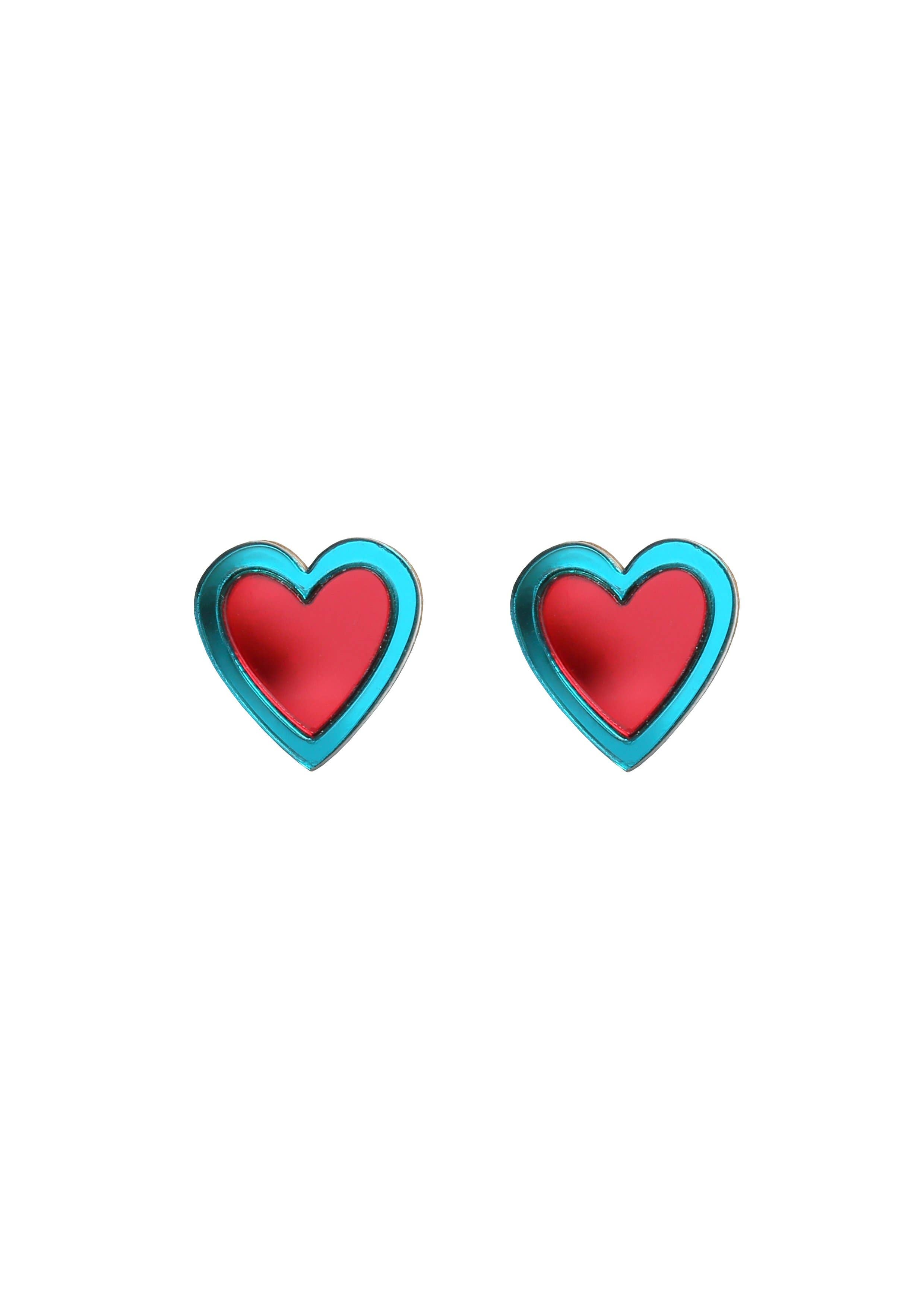 Acrylic Heart Studs: Teal mirror + Red Mirror