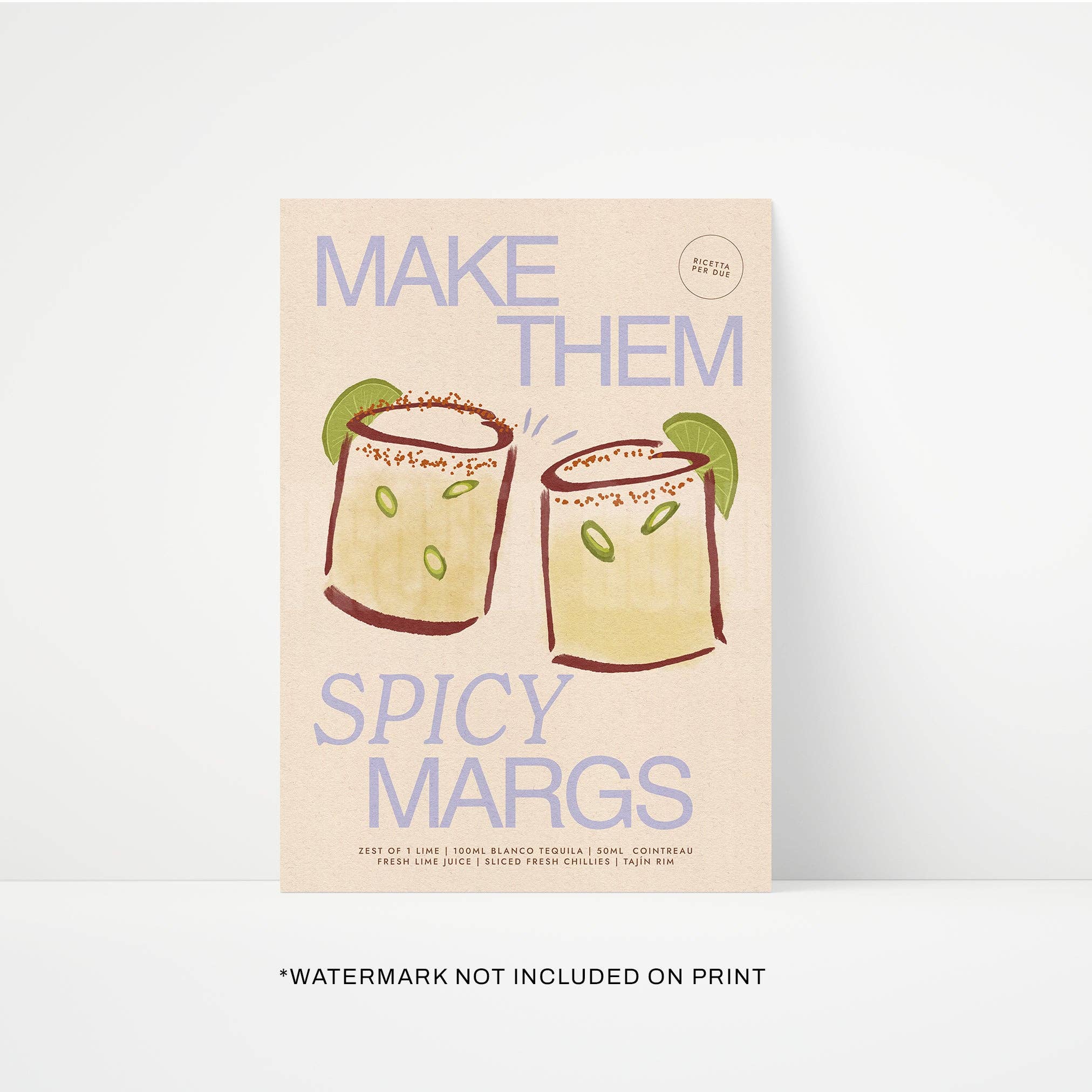 Spicy Margaritas art print blue A5 by Proper Good — cocktail wall art
