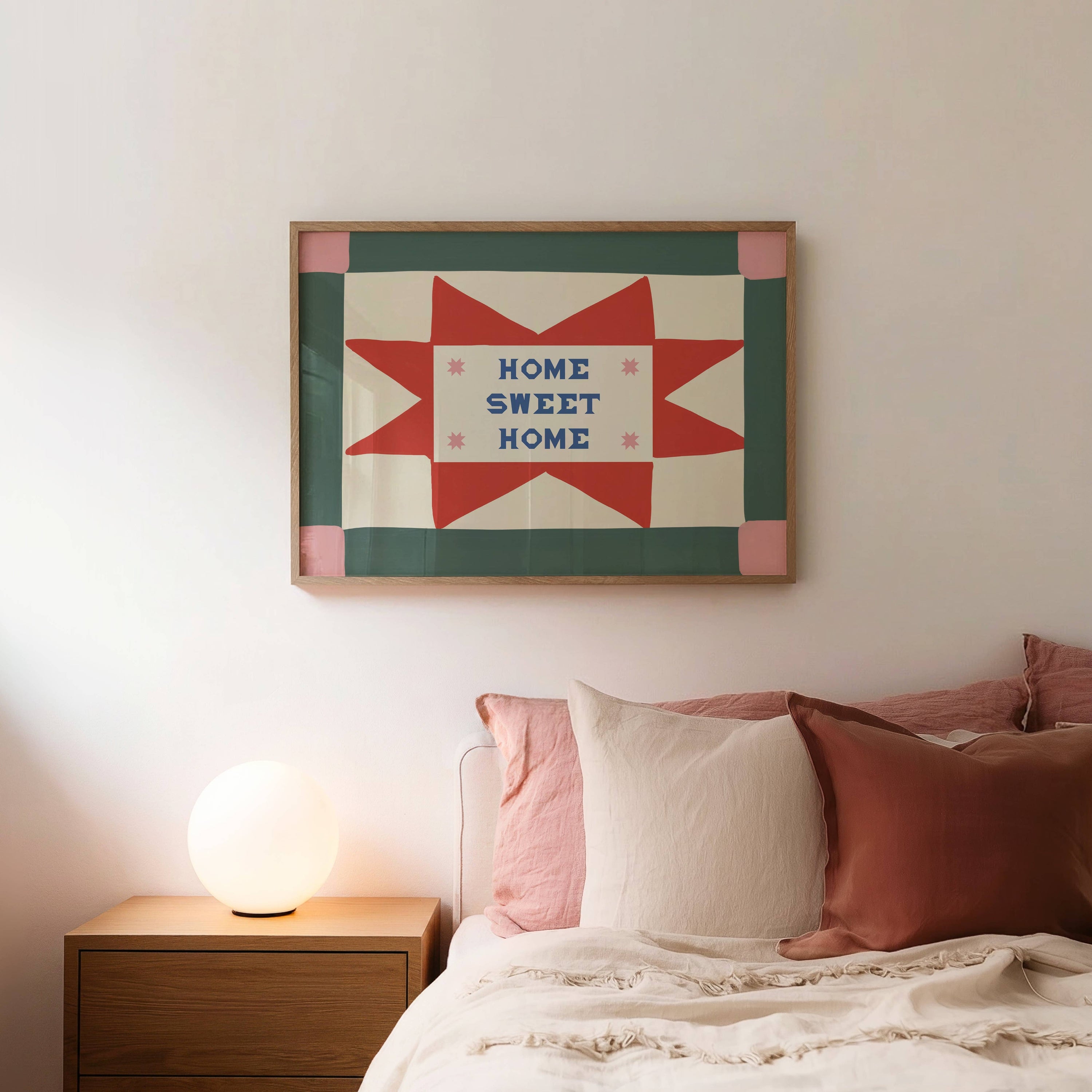 Home Sweet Home Patchwork Print: Green / Rust / Unframed / A3