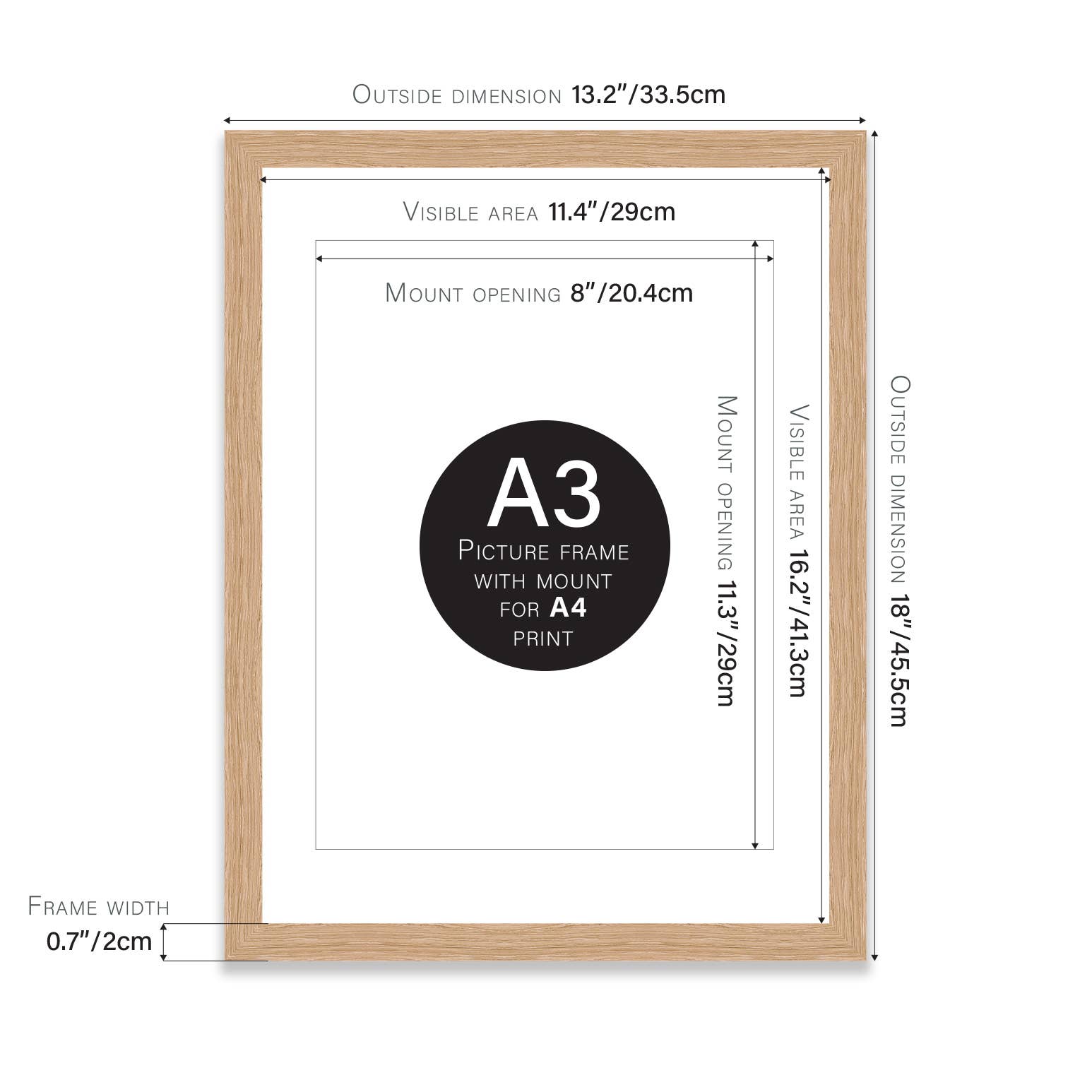 Oak A3 mounted frame close-up — slim natural frame with white mount for artwork