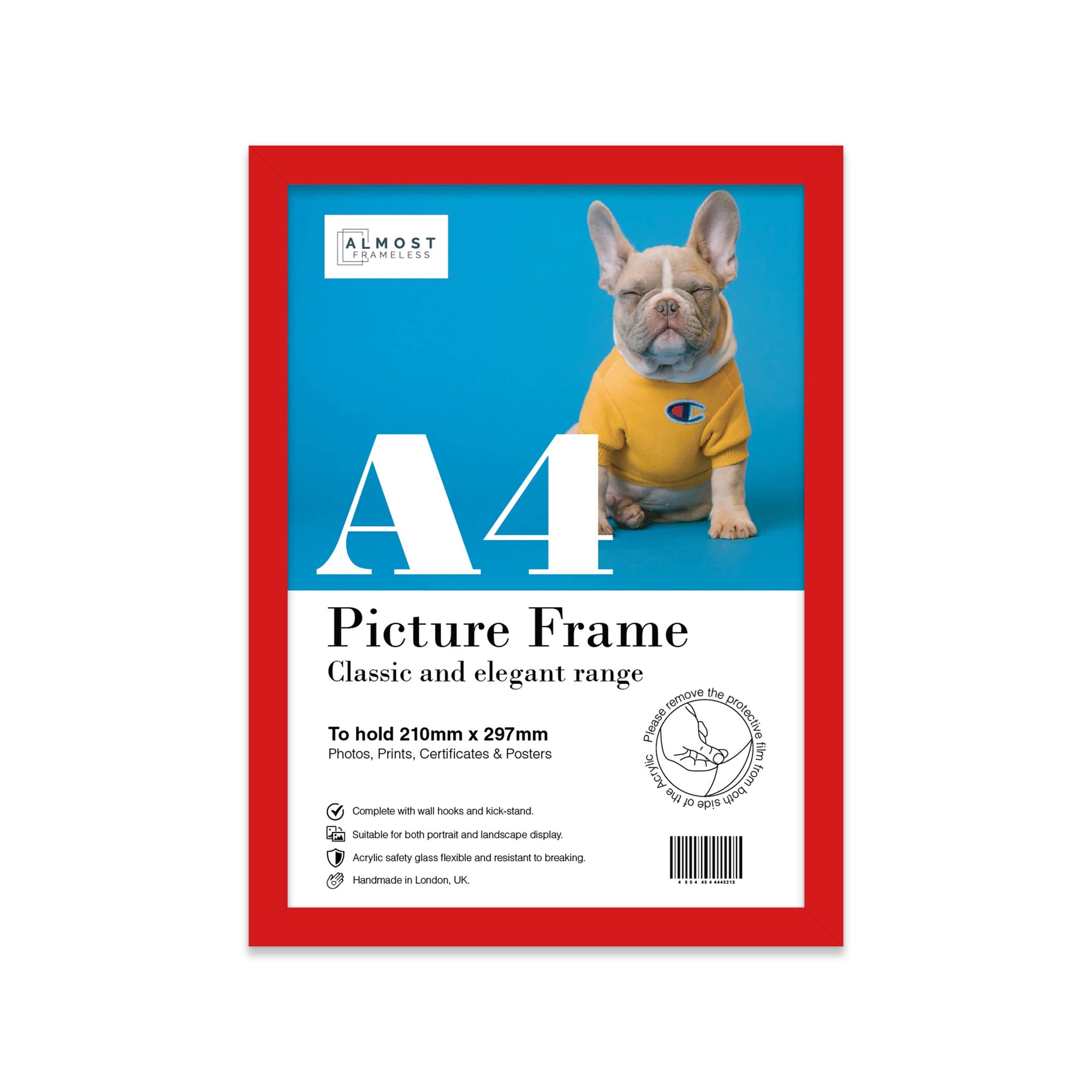 Red A4 picture frame on shelf — colourful bold red photo frame UK