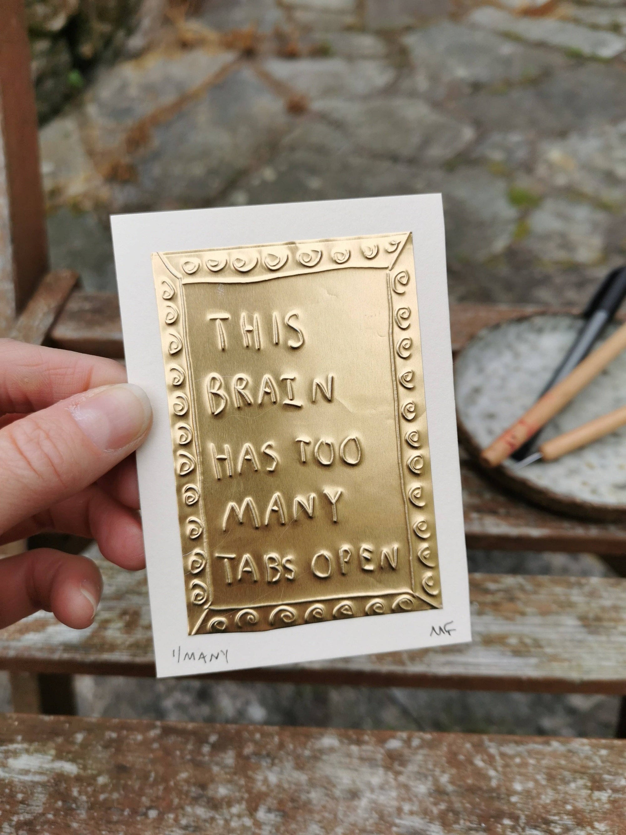This Brain Has Too Many Tabs Open tin embossing artwork by Meg Fatharly