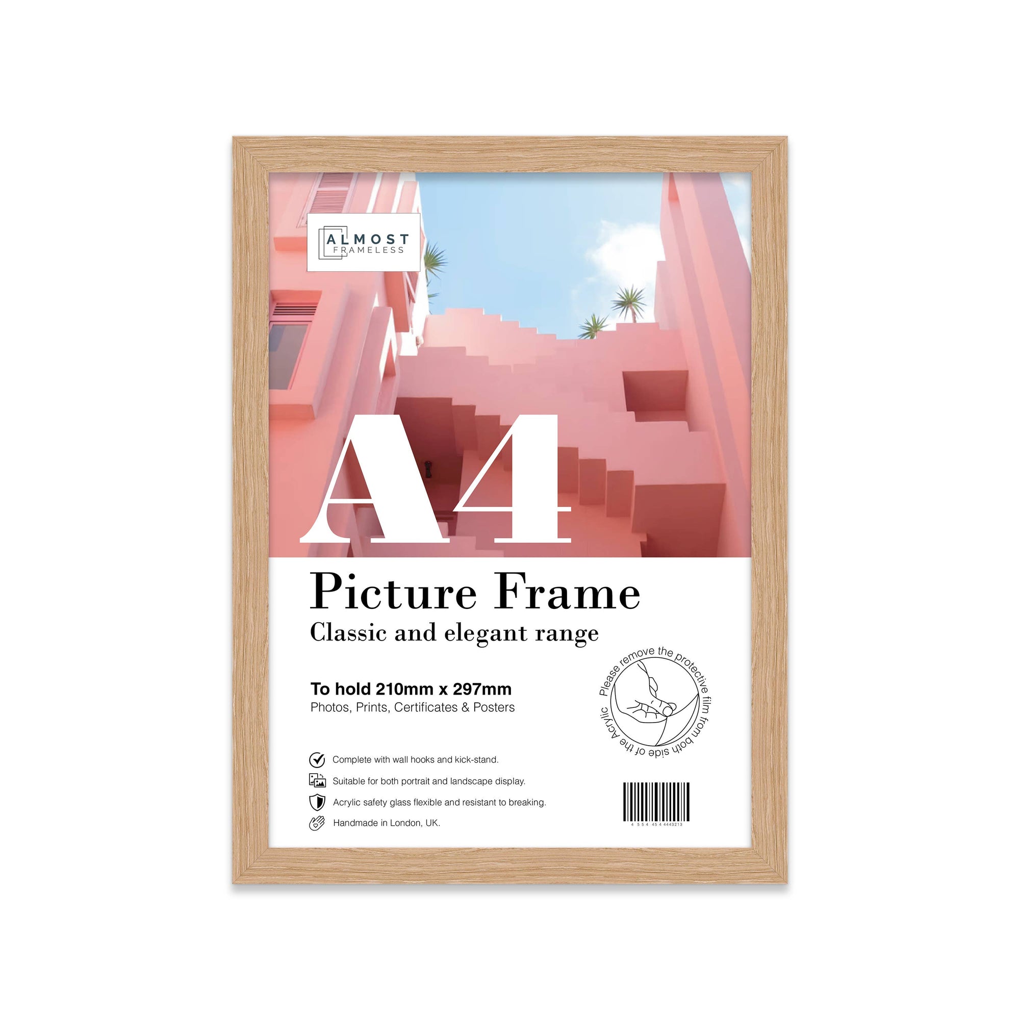 Oak A4 picture frame on shelf with print — natural wood effect photo frame UK
