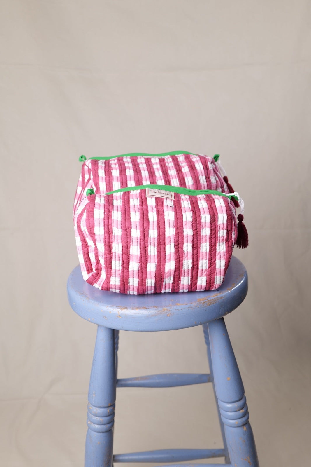 Quilted Indian Block Print Wash Bag - Red and Pink Gingham