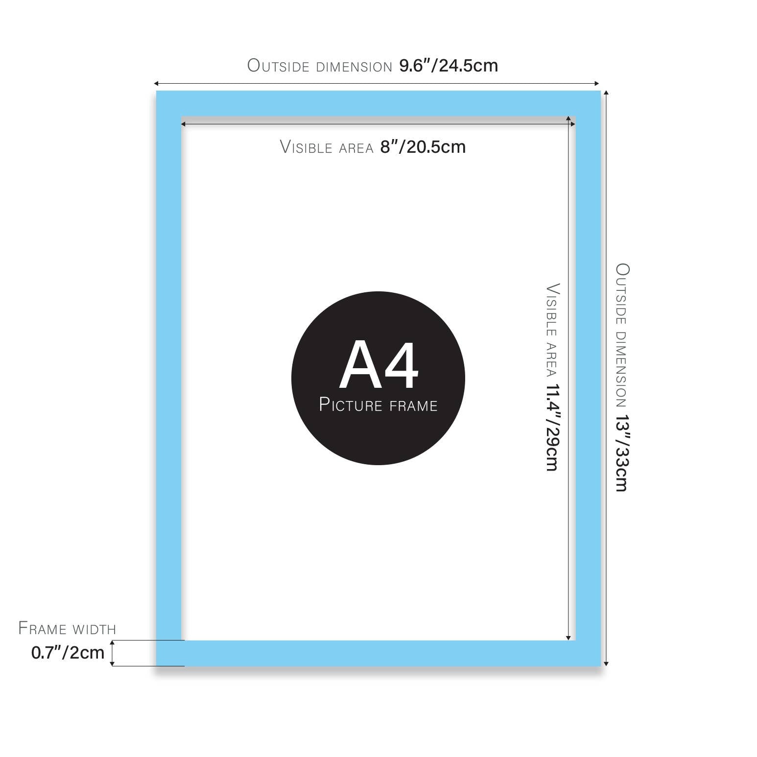 Light blue A4 frame close-up — slim modern blue picture frame UK