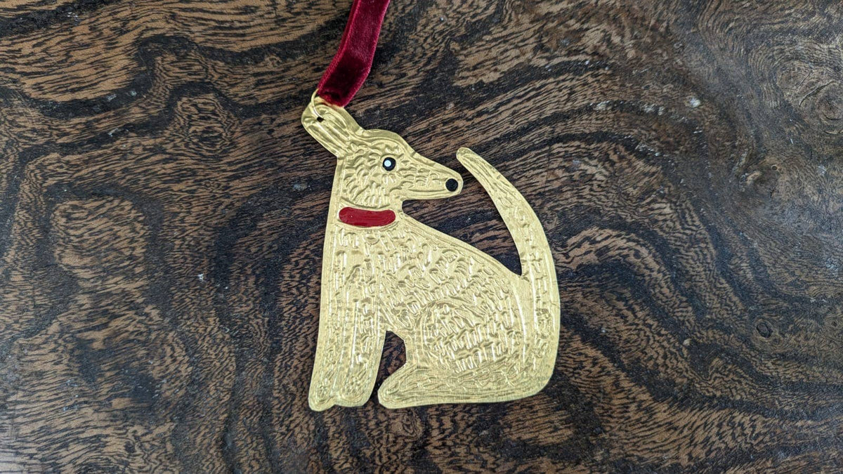 Tin Embossing Sitting Dog Ornament with Ribbon