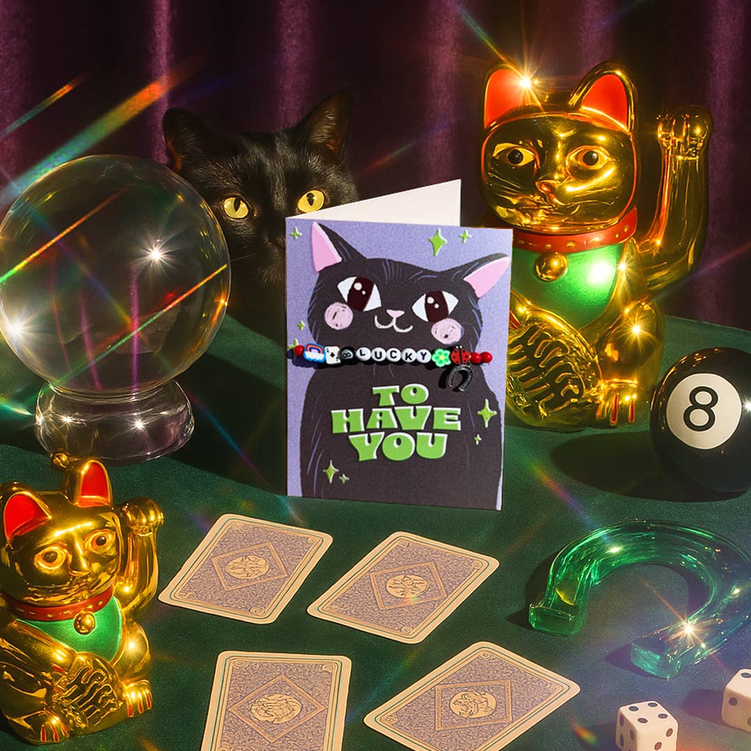 Lucky Cat bracelet card shown with envelope