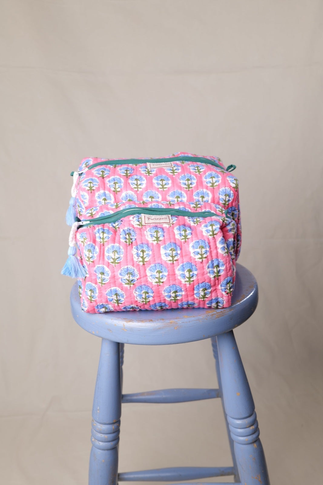 Quilted Indian Block Print Wash Bag - Pink with Lavender Flower