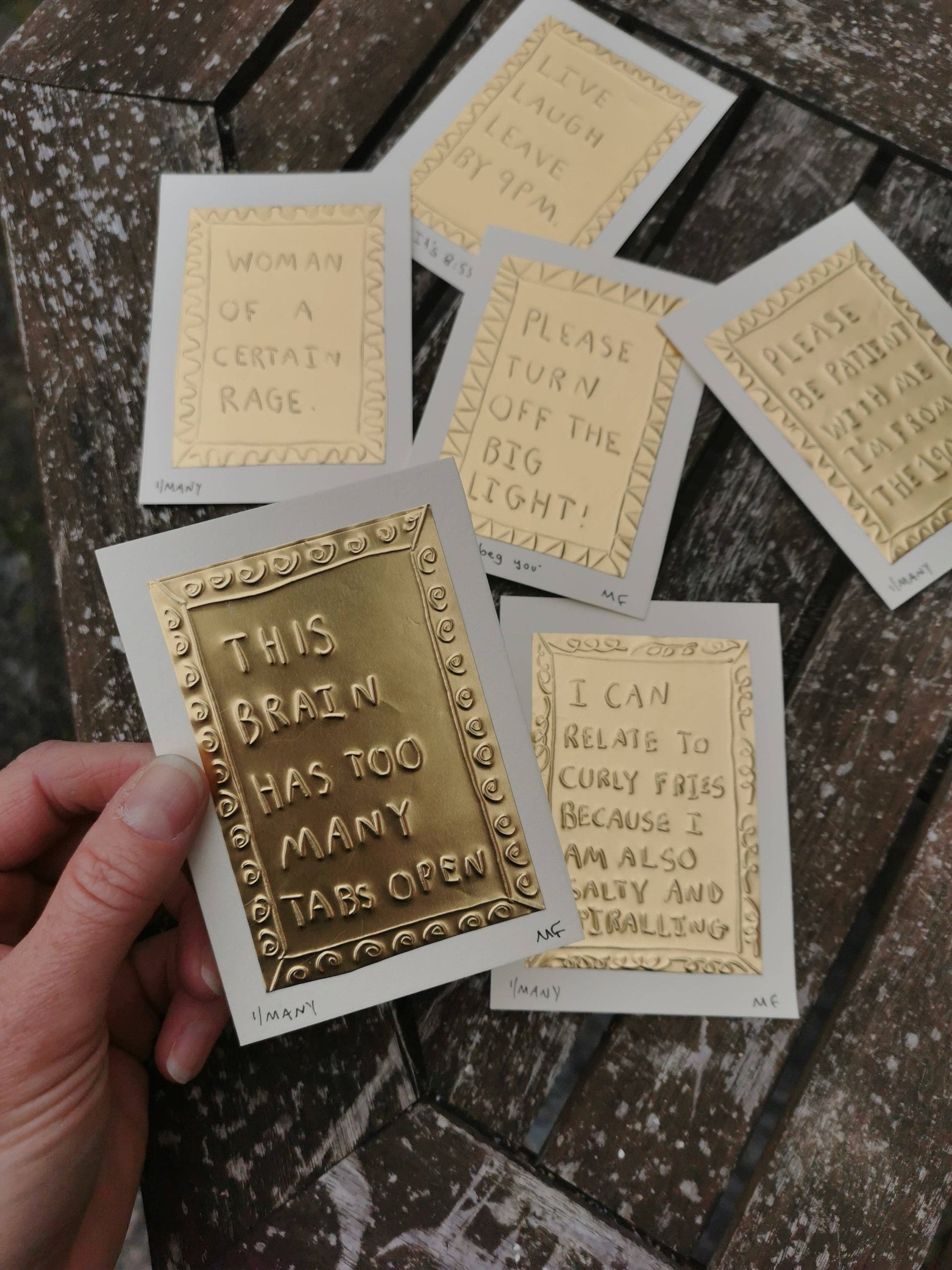 This Brain Has Too Many Tabs Open tin embossing artwork, detail