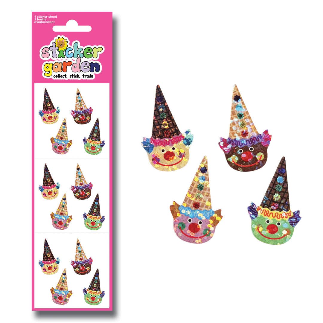 Sparkle Clown Ice Cream Cone Stickers: English