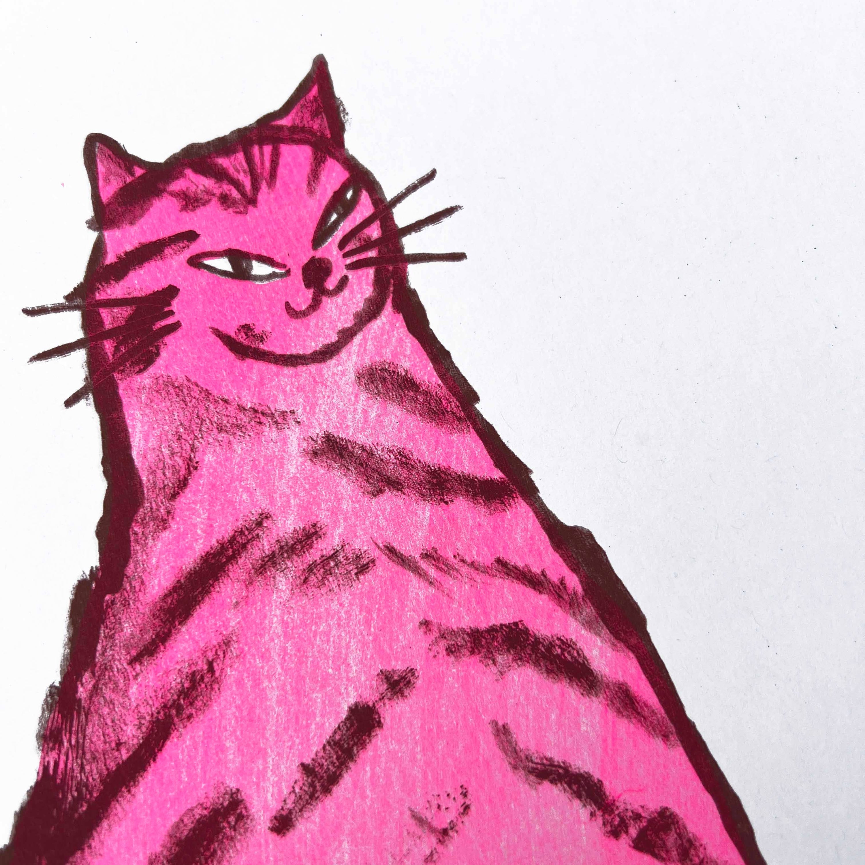Sneaky Cat Risograph Art Print | Fluorescent Pink: A3