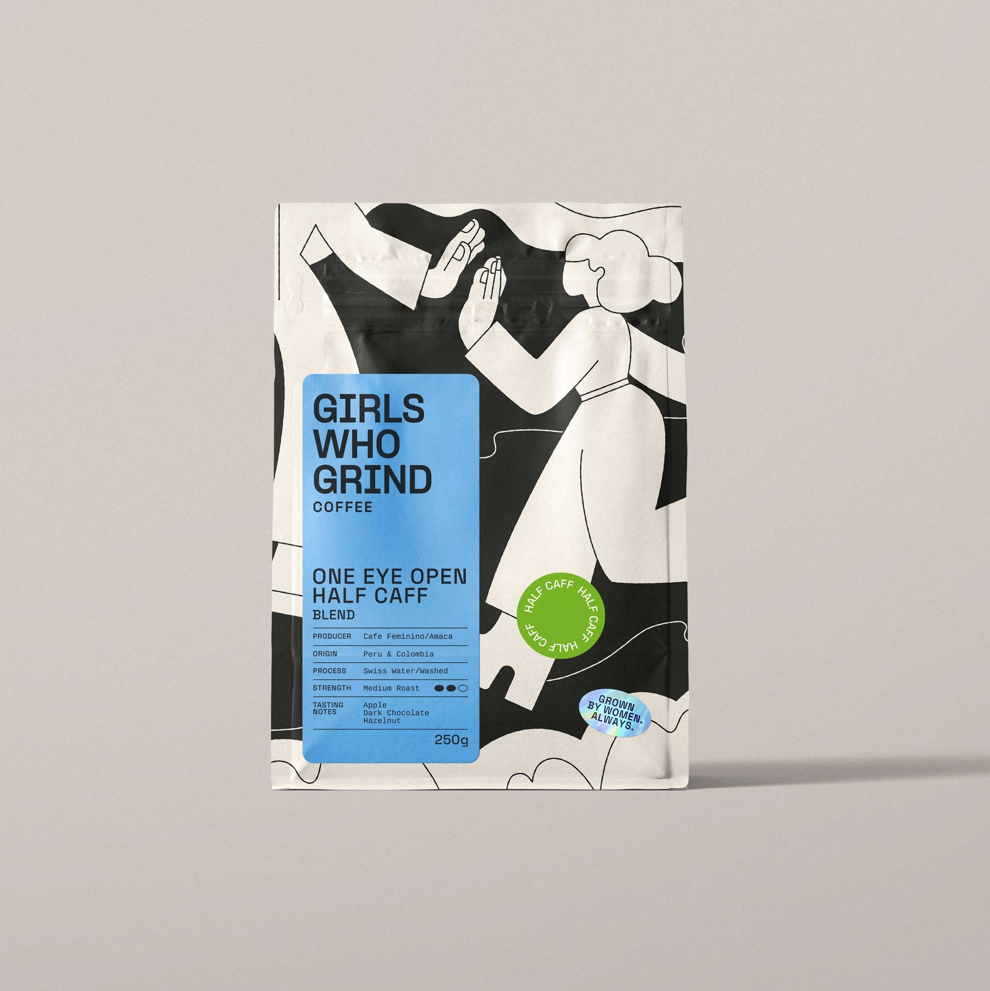 Coffee beans, One Eye Open Half Caff, blended washed coffee.: Wholebean / 250g