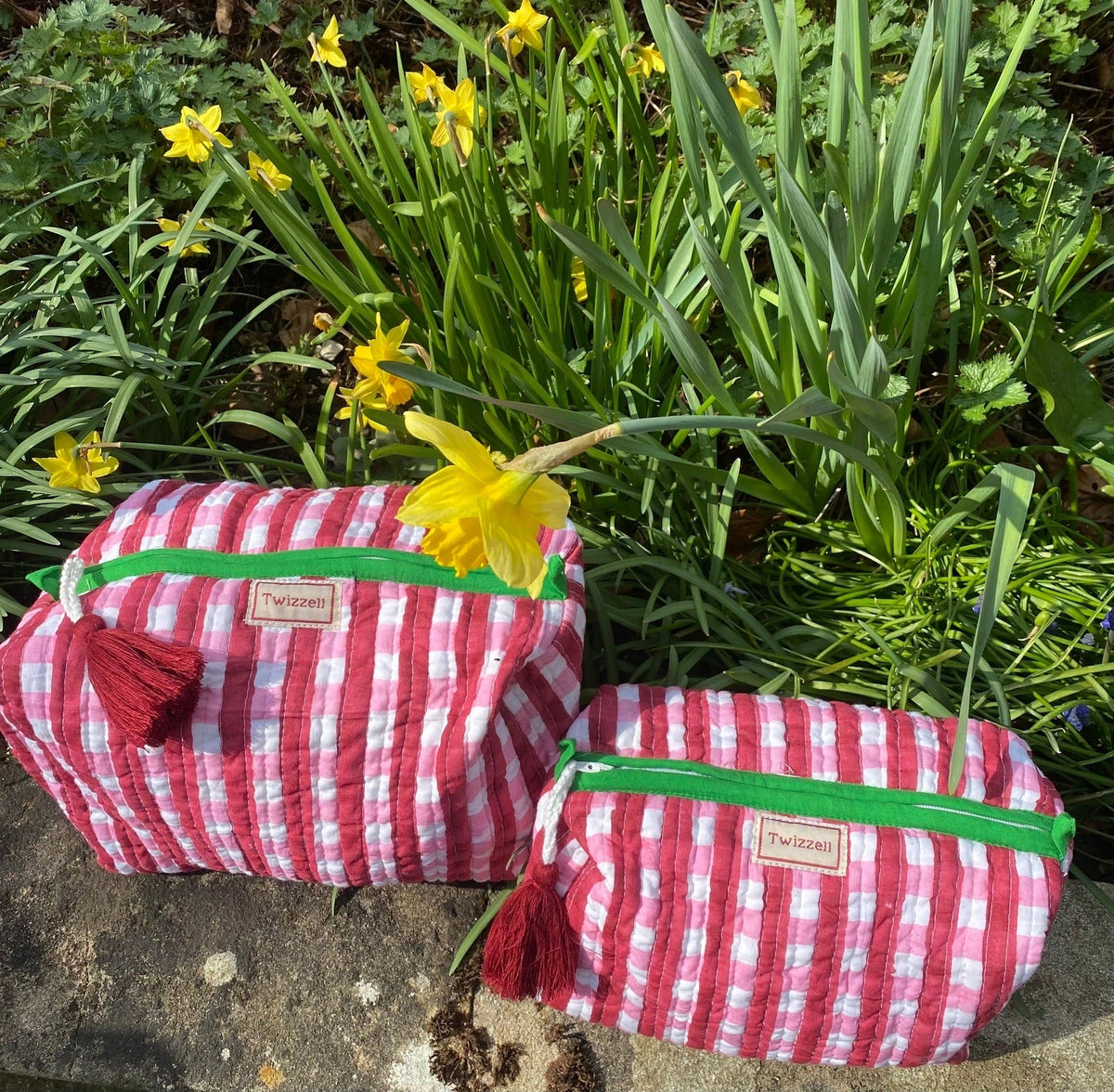 Quilted Indian Block Print Wash Bag - Red and Pink Gingham