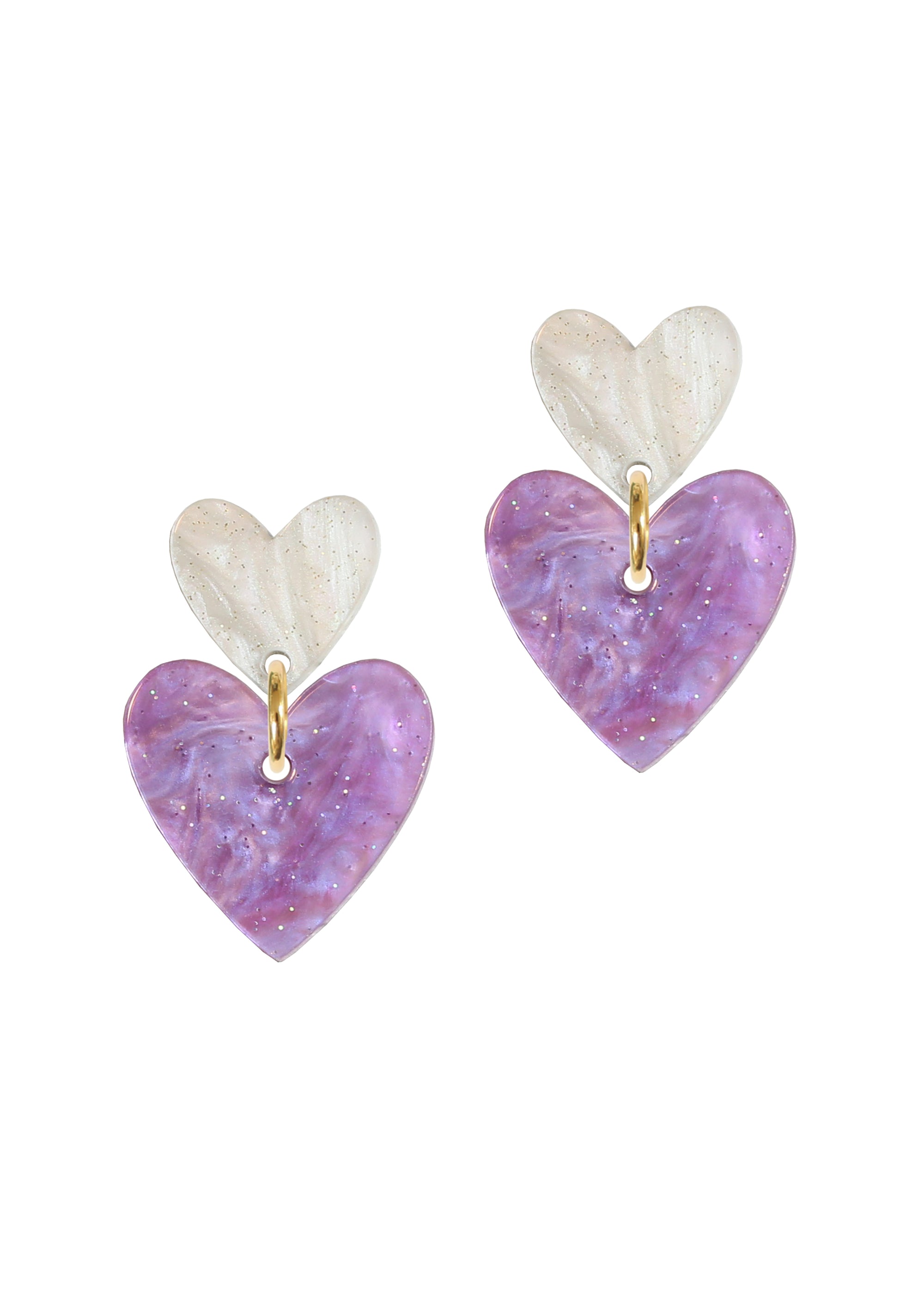 Pearl heart studs with purple dropped hearts 