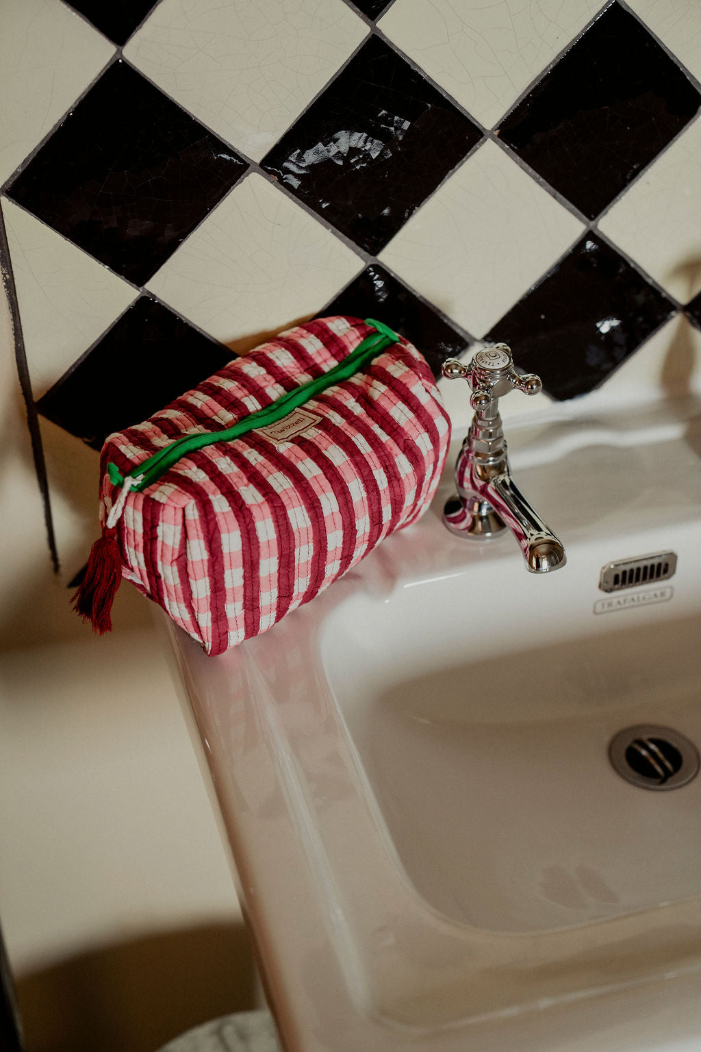Quilted Indian Block Print Wash Bag - Red and Pink Gingham