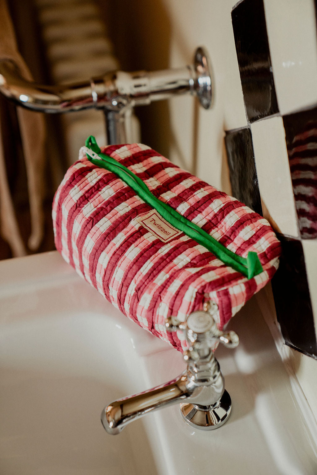 Quilted Indian Block Print Wash Bag - Red and Pink Gingham