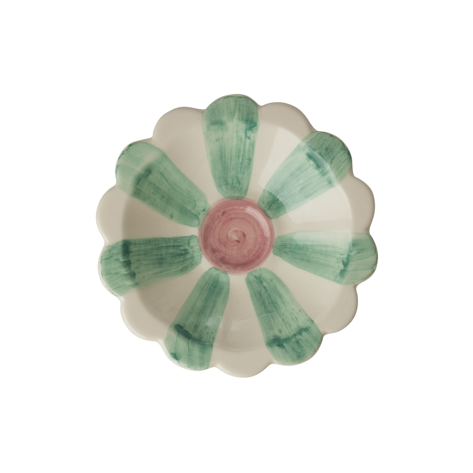 Small ceramic flower bowl in green with hand-painted stripes