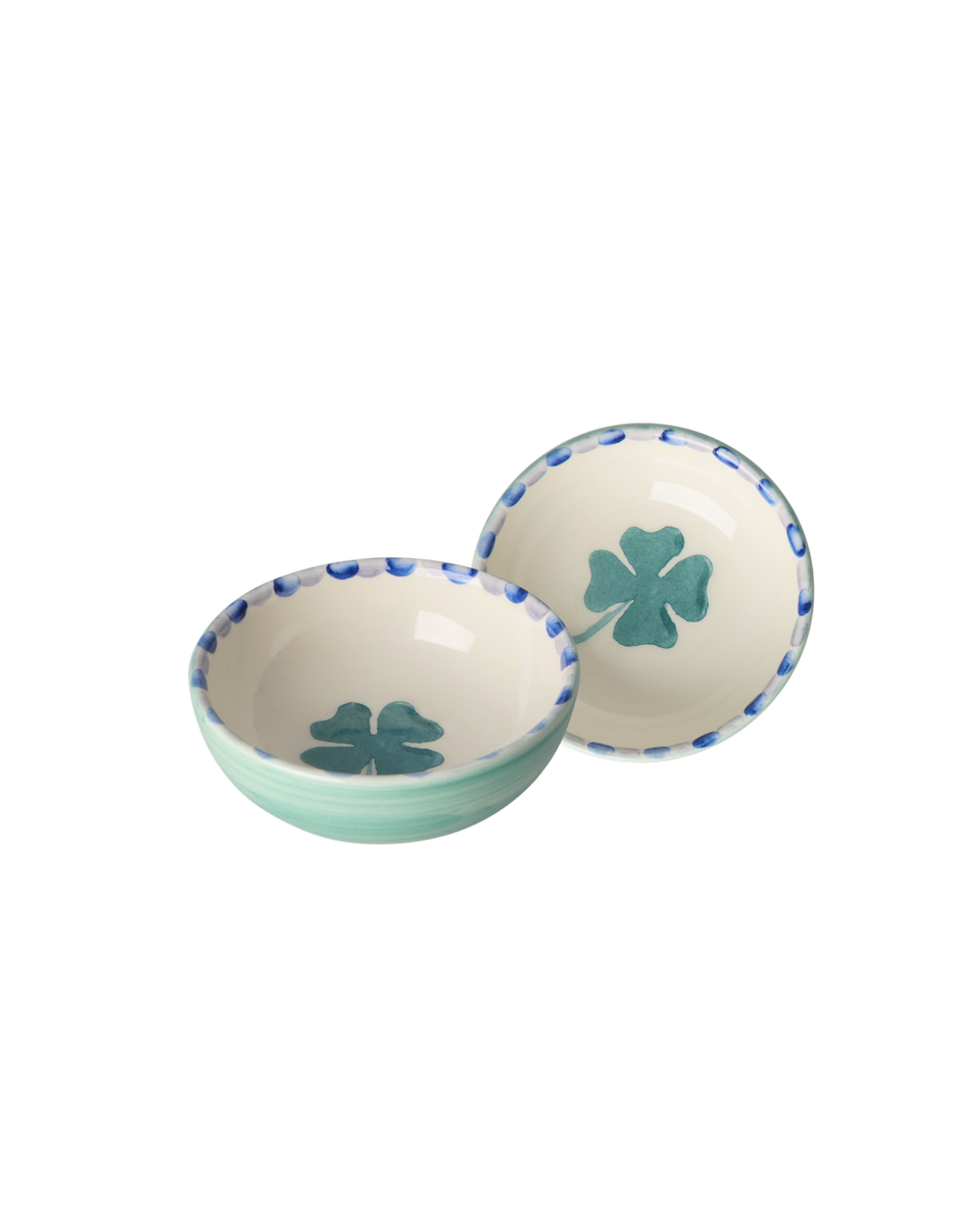 Small ceramic dipping bowl in green with hand-painted clover