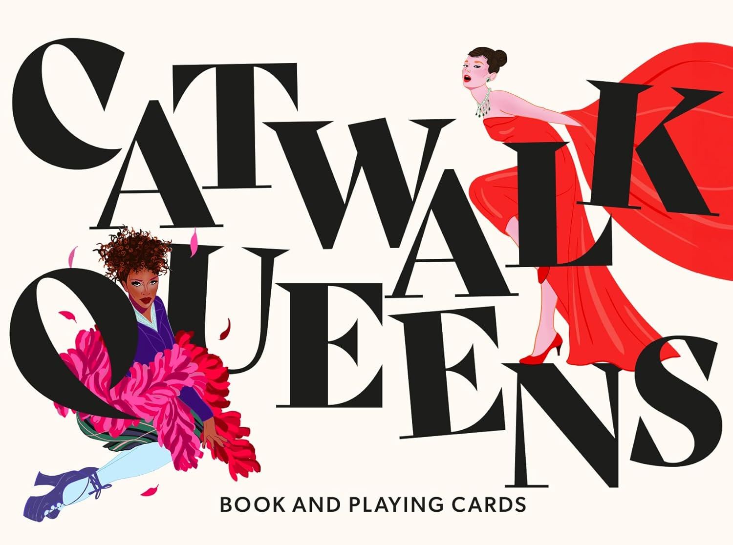 Promotional graphic for 'Catwalk Queens' book and playing cards with stylized illustrations of women in fashion.
