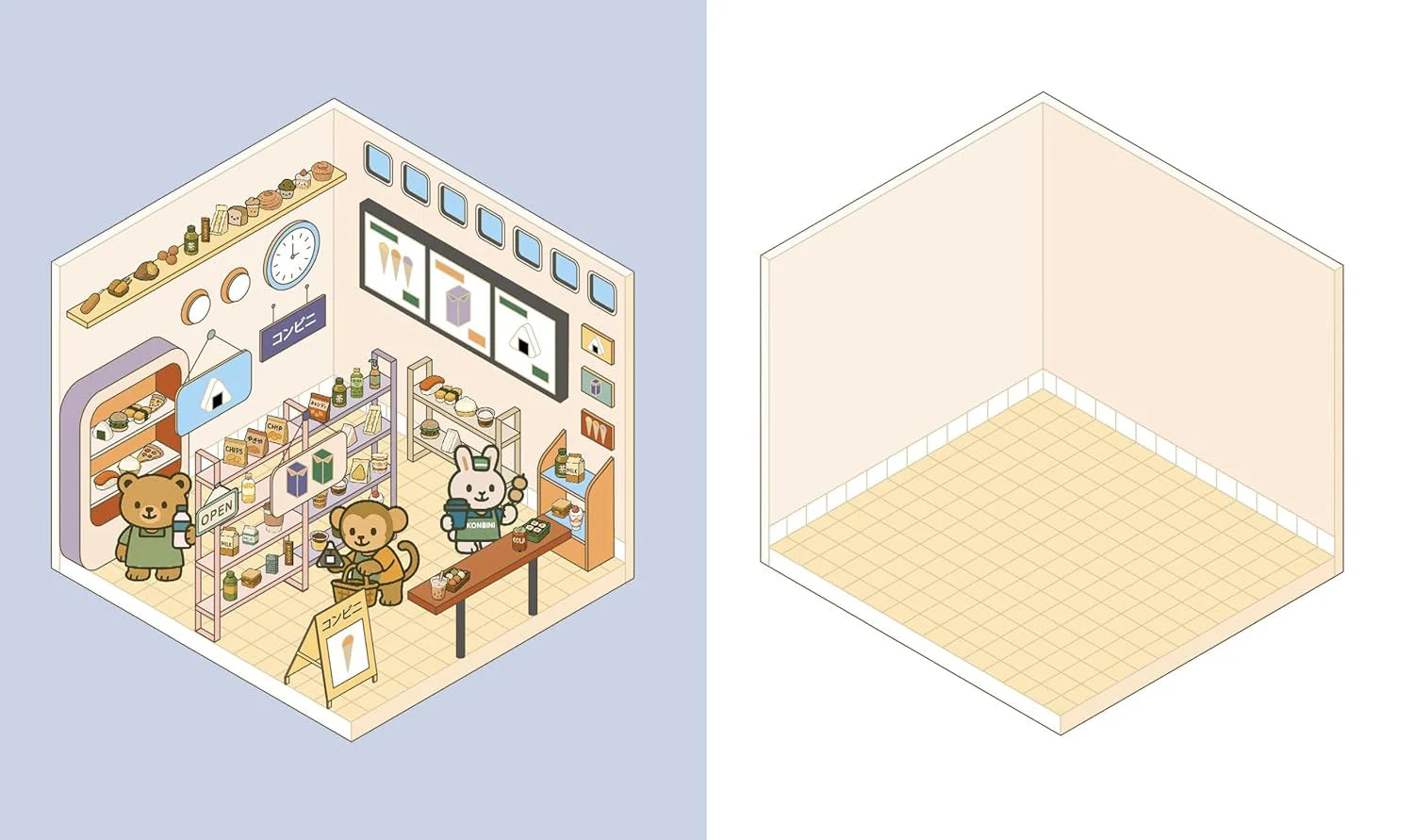 Cute 'n' Cozy Sticker Therapy Convenience Stores interior spread showing sticker scenes