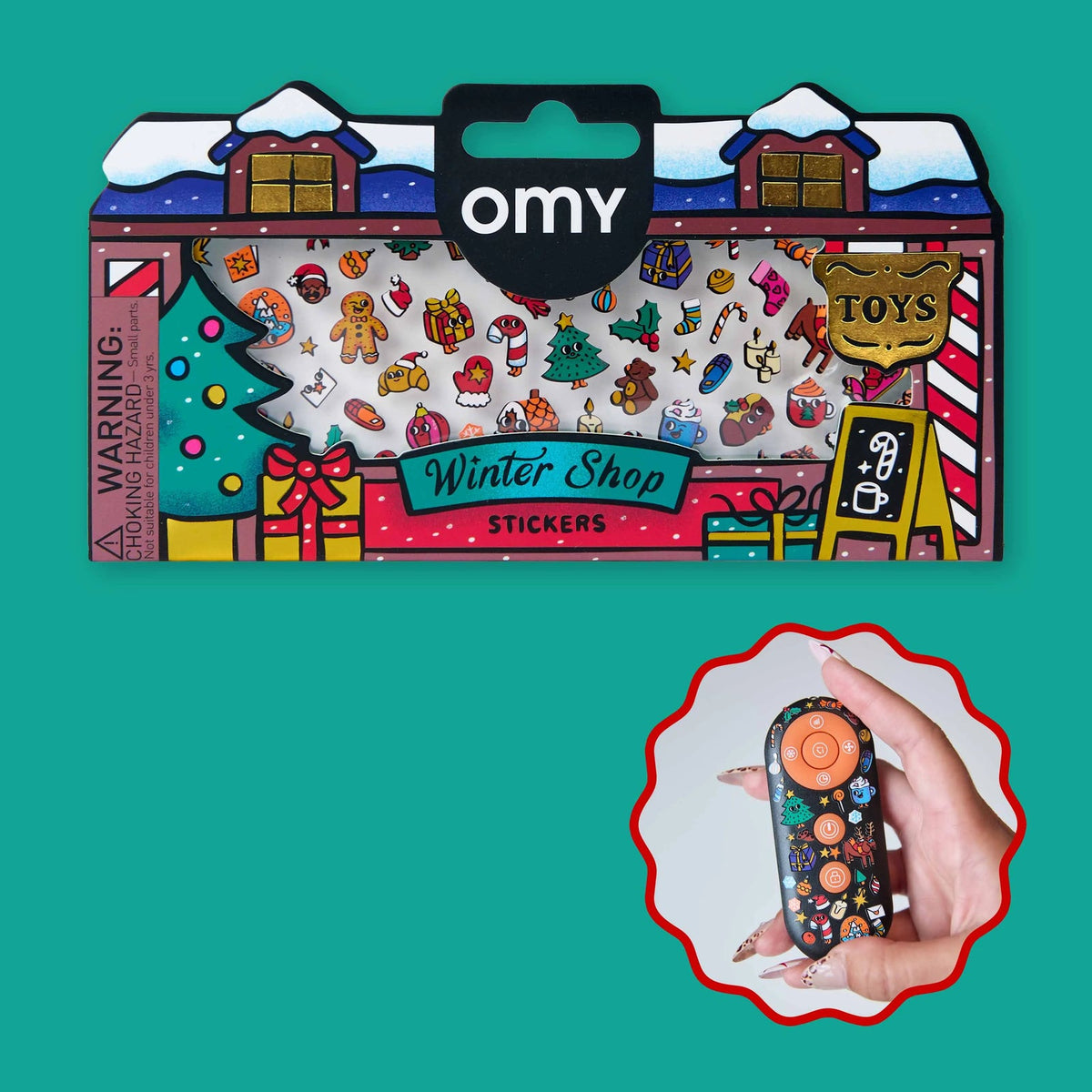 OMY Christmas stickers on a remote control