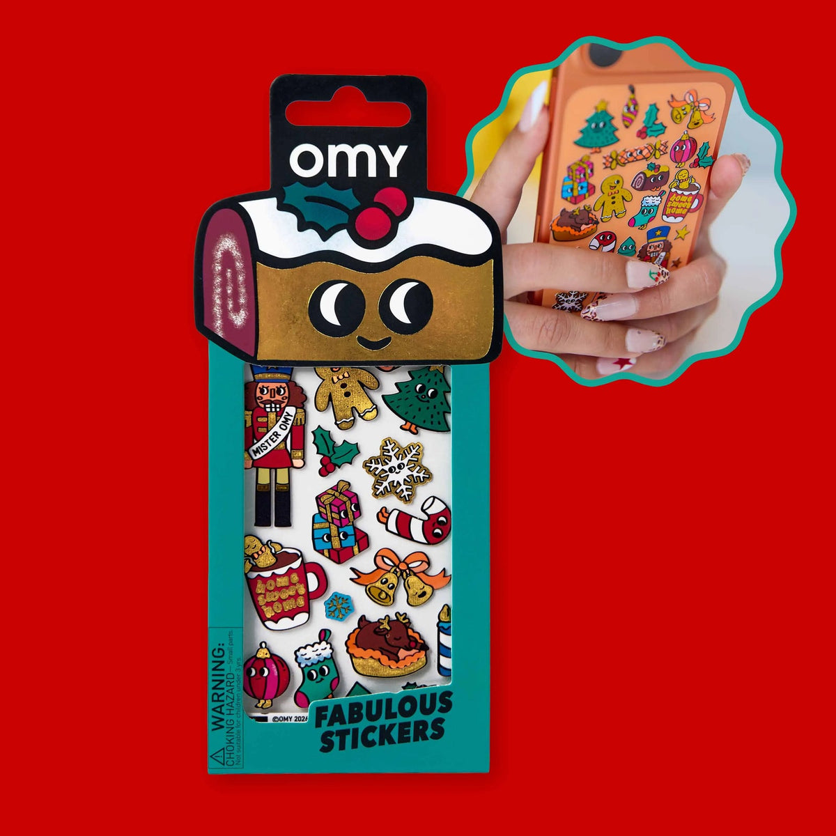 OMY Christmas stickers on a phone case