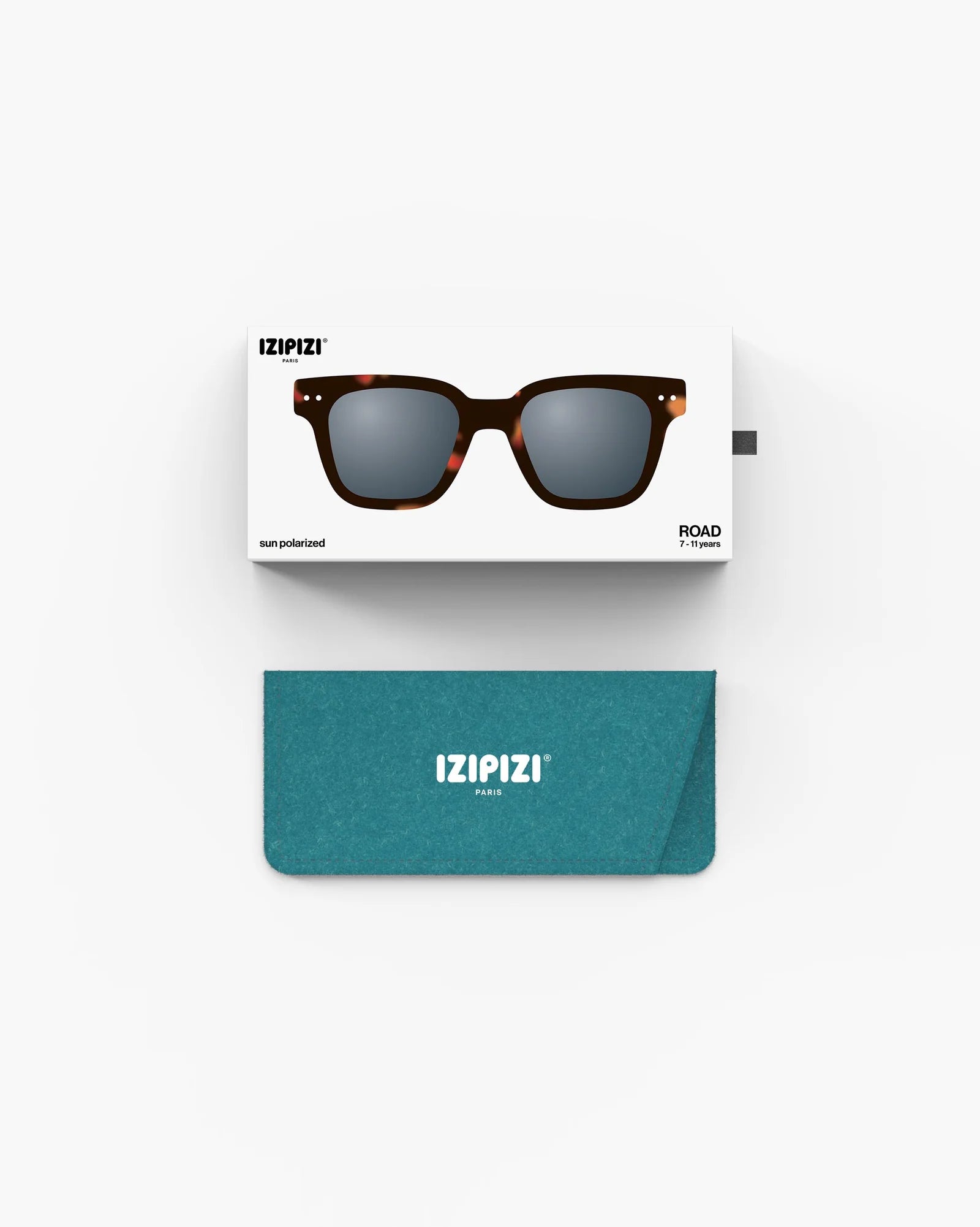 IZIPIZI Junior Road tortoise sunglasses ages 7–11 — overhead view