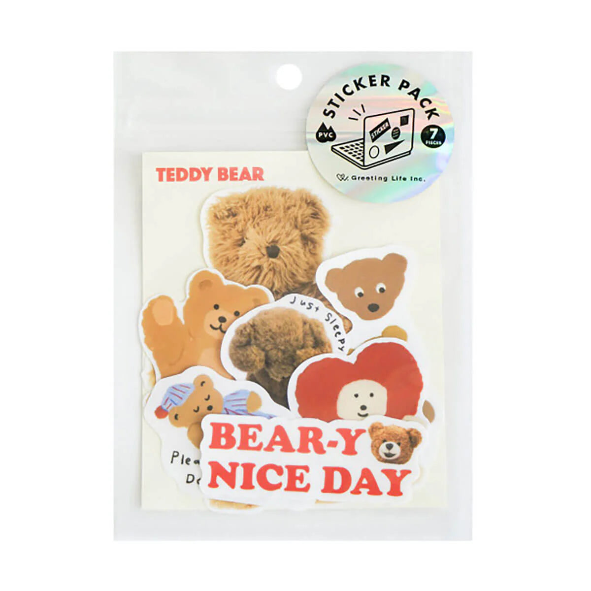 Greeting Life Teddy Bear kawaii sticker pack – 7 cute PVC stickers for planners and journals