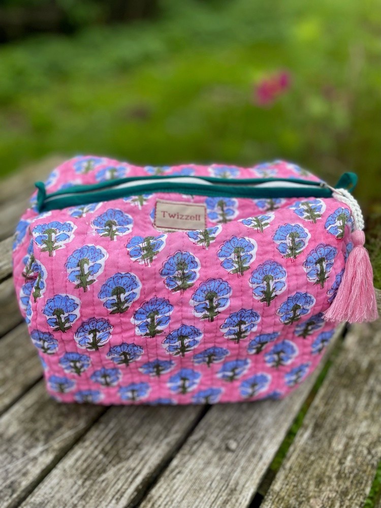 Quilted Indian Block Print Wash Bag - Pink with Lavender Flower
