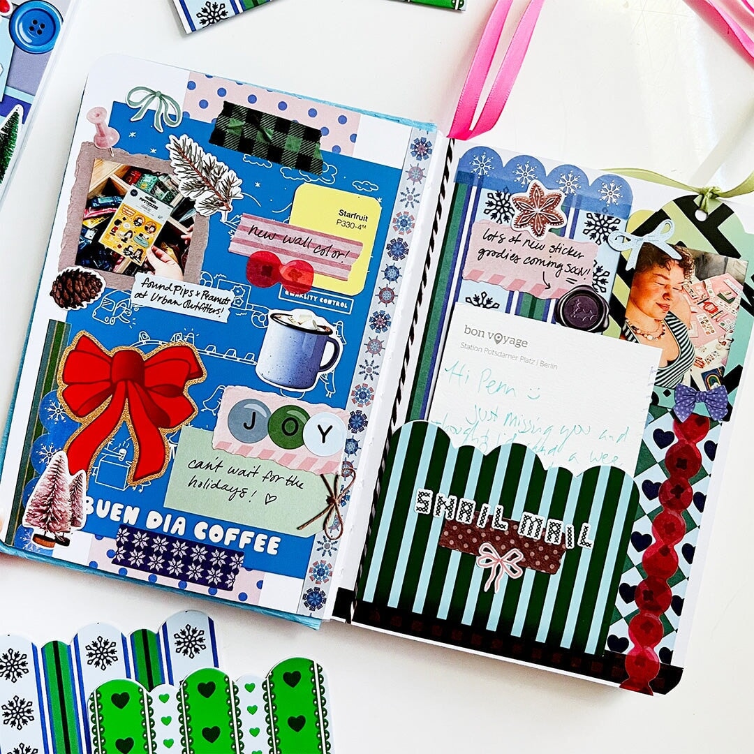 Winter Whimsy junk journal sticker book in use in a journal