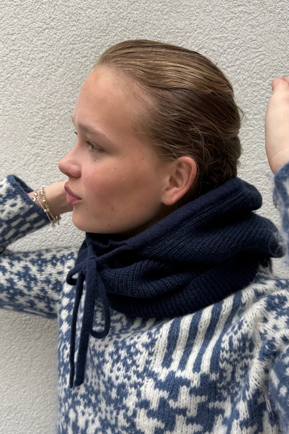 Rikke navy balaclava styled for winter