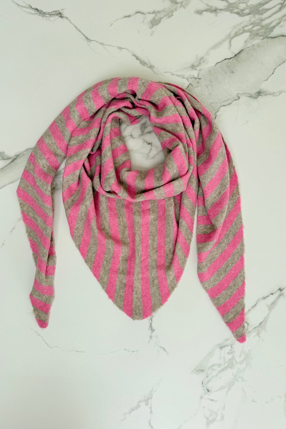 Nordic Stripe triangle scarf in pink and taupe