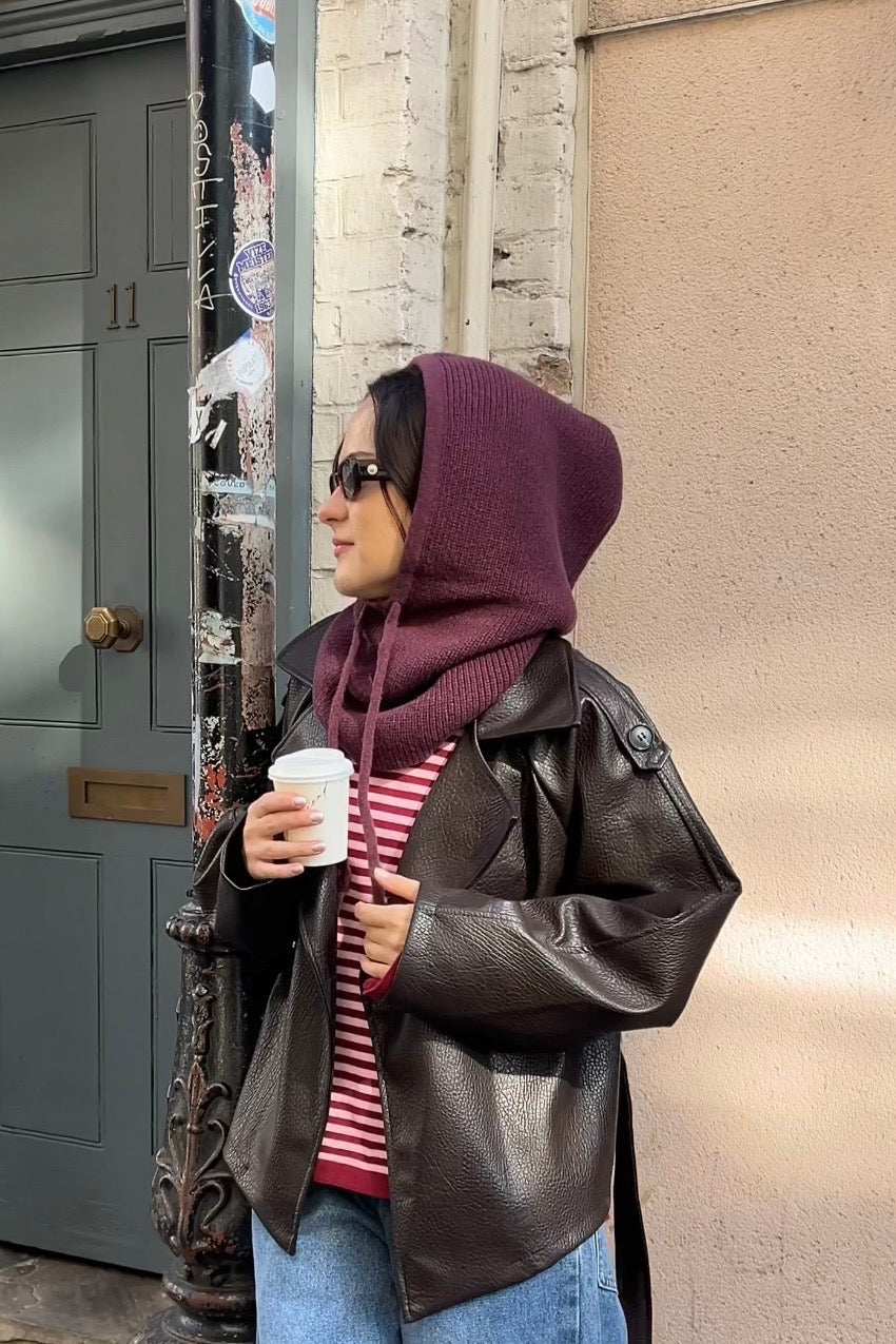 Rikke burgundy balaclava styled with a winter coat
