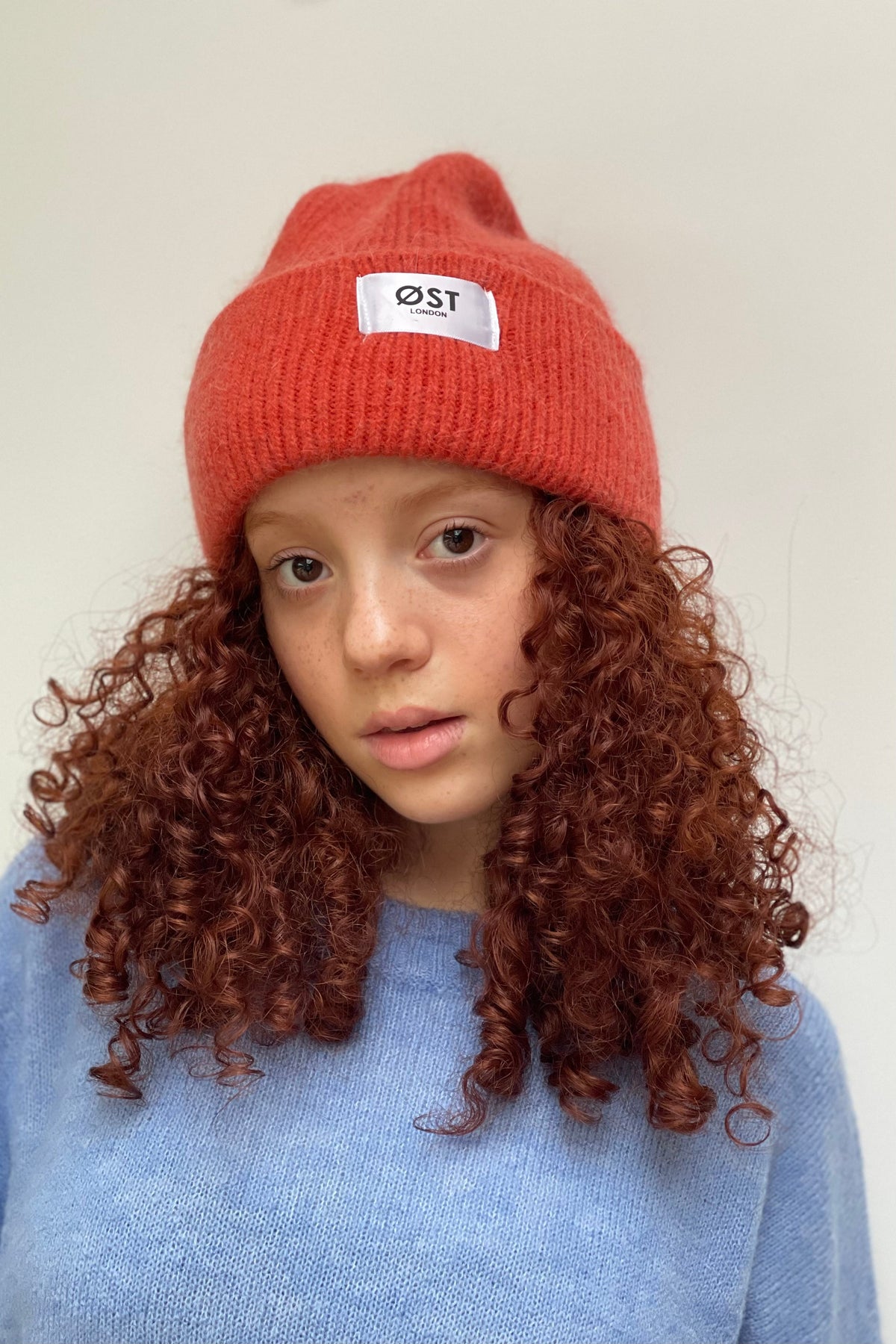 Clara angora blend beanie in blood orange