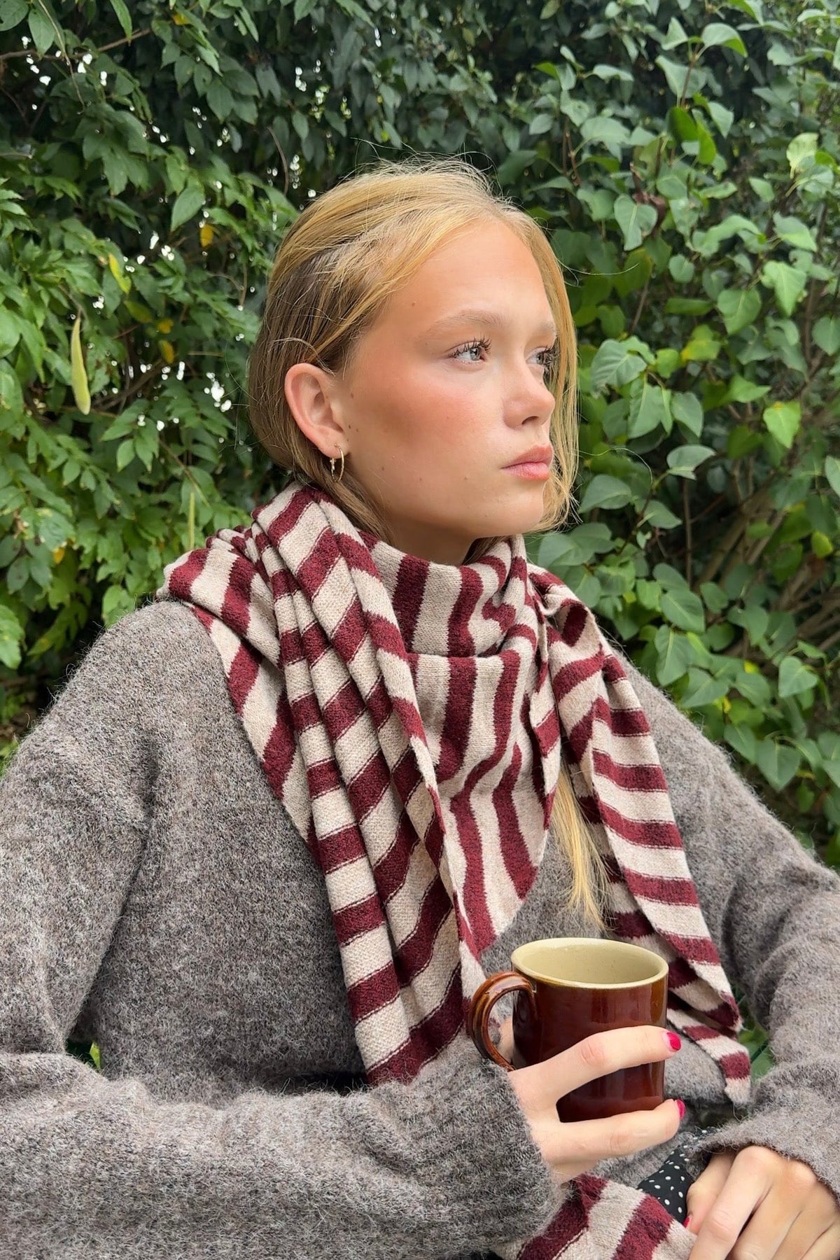 Bordeaux and taupe soft knit winter scarf for women